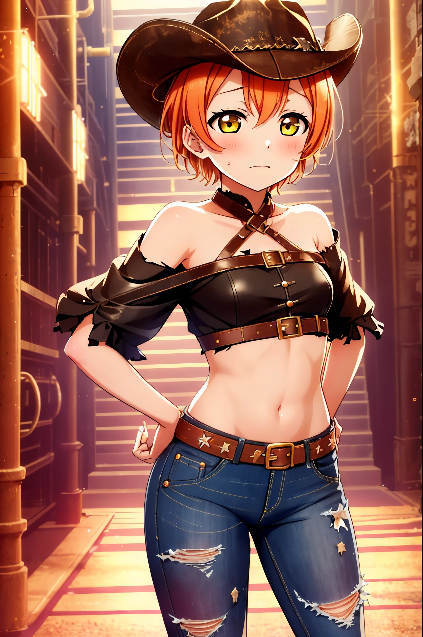 Hoshizora rin, orange hair, yellow eyes,Best Quality,(beauty),phisically-based render ,ultra highres,(cowboy shot:1.5), skinny, big eyes,long legs,torn jeans,leather belt,small breasts,puffy eyes, leather belt,on red carpet, shiny skin, (midriff), off shoulder,torn top, (humiliated:1.4)