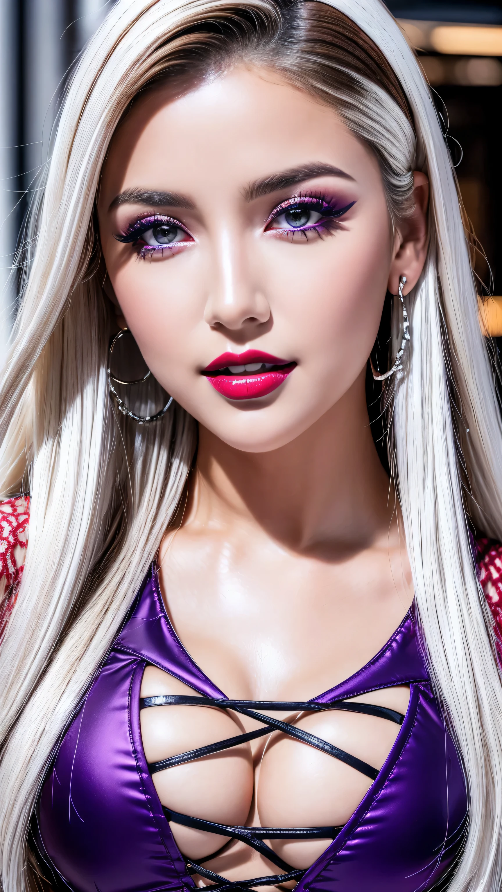 ((perfect round eyes))、dressed, ((Black-red long lace-up dress with white fishnet accessories:1.26)), (Ultra-realistic最high quality), (photo realistic:1.65), (realistic:1.65), (increase cinematic lighting quality:0.55), 16K, 32K, (1girl:1.3) 20years old、fashion supermodel、realistic lighting, light on face, (Super beautiful body)、(beautiful, detailed face:1.5)、(detailed eyes:1.45)、(detailed lips:1.35)、(Detailed nose:1.25)、(Increase quality:1.4), (best quality real texture skin:1.3), (finely detailed eyes), finely detailed face, (finely quality eyes:1.12), ((random expressions))、((firm full breasts:1.44))、((narrow waist:1.4))、medium ass、 beautiful cheekbones、 (slim belly: 1.3)、((slim, well-muscled body:1.35))、((small head: 1.4))、((slim face)), ((anatomically correct)), ((pink_makeup:1.25)), ((long_blue)_eyeliner:1.38), (red_lipstick:1.35), ((perfect dark_purple_eyeshadows:1.28)), iridescent eyes, with professional makeup, vibrant eyes:1.2, ((Glamour, paparazzi taking pictures of her)), ((minimalist skimpy very provocative Extravagant street outfit1.27)), The attention to detail, Double eyelids, Wear an off-the-shoulder top, full bodyesbian,(((long White hair:1.32))), ((brown_eyes:1.6)), contrast、dark shot:1.12、The ultra -The high-definition, (close-up)