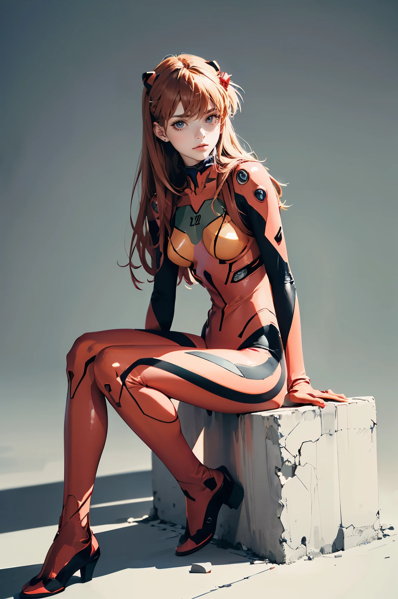 ((masterpiece, high quality, best quality, 8k, wallpaper, detailed)), 1girl (asuka evangelion)best quality, masterpiece, realistic, photorealistic, solo, looking at viewer, full body, sitting, long hair, red hair, asuka cosplay costume, evangelion, cosplay, plugsuit, bodysuit, hair ornament (Monochromatic light grey background) ((soft light)) 