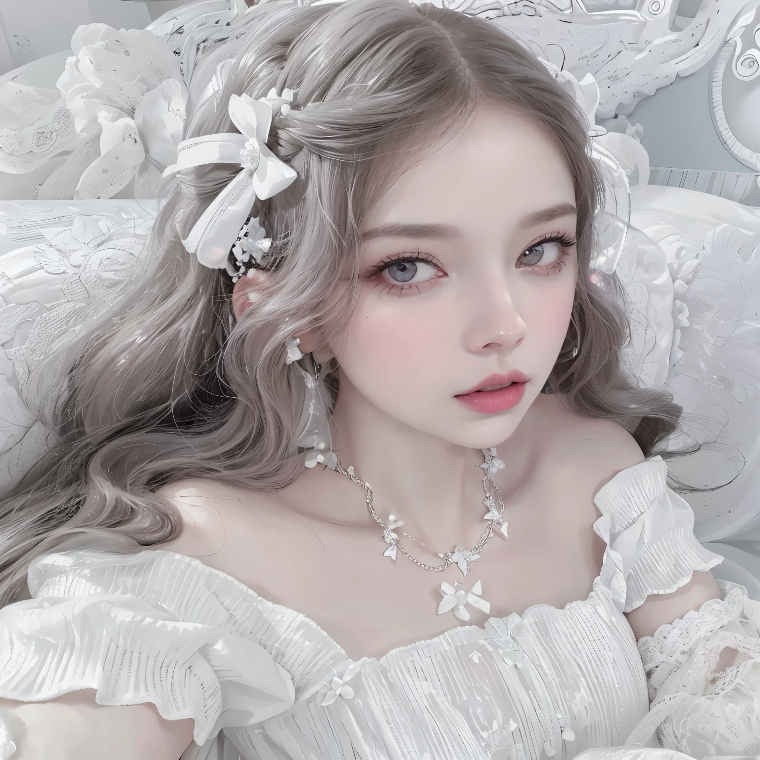Hay una mujer con un vestido blanco y un collar, pale piel blanca de porcelana, bella delfina, pale milky white porcelain skin, fairy core, pale, snow-white skin, peinado de corte hime blanco, Retrato realista kawaii, Cabello Rizado Plateado, jointed doll, con pelo largo y ojos penetrantes, magical lolita girl portrait, piel blanca de porcelana, pelo plateado rizado, Jennie de Blackpink