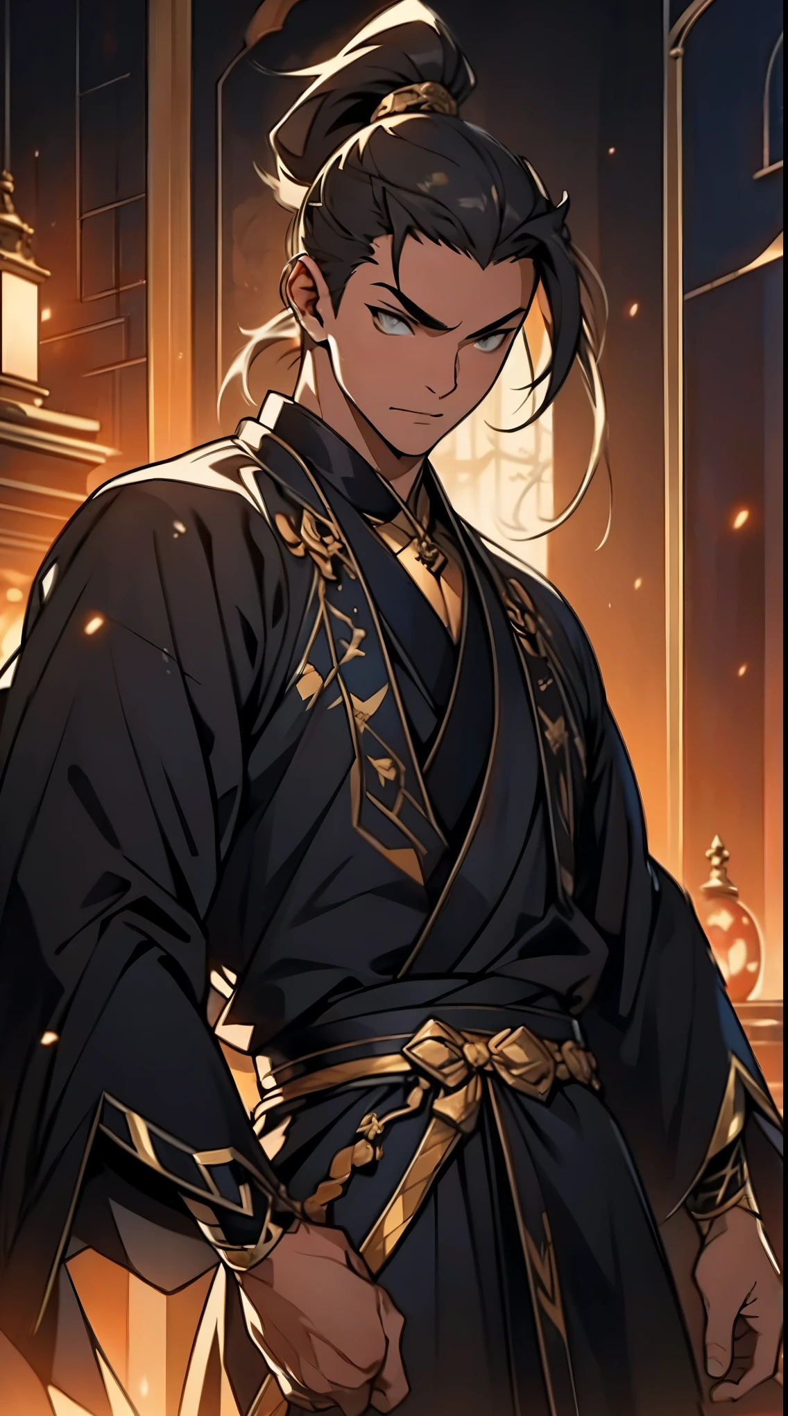 Two dimensions,anime style,one person(male warrior),proportions are correct,facial details,swordsman,high ponytail hairstyle,neck detail,Have an Adam's apple,Black and gold robe,joke,Black and gold robe,clothing details,Hand over,long sleeves,Game quality,fencing,Ray tracing,Ray tracing,Detailed glow,CG rendering,hair details,Long black and blond hair,Black-gold eyes,Handsome,Handsome,(Youthful feeling),Costumes are complicated,Perfect composition,refine,high quality,higher details,many details,Complex background,a sense of atmosphere,