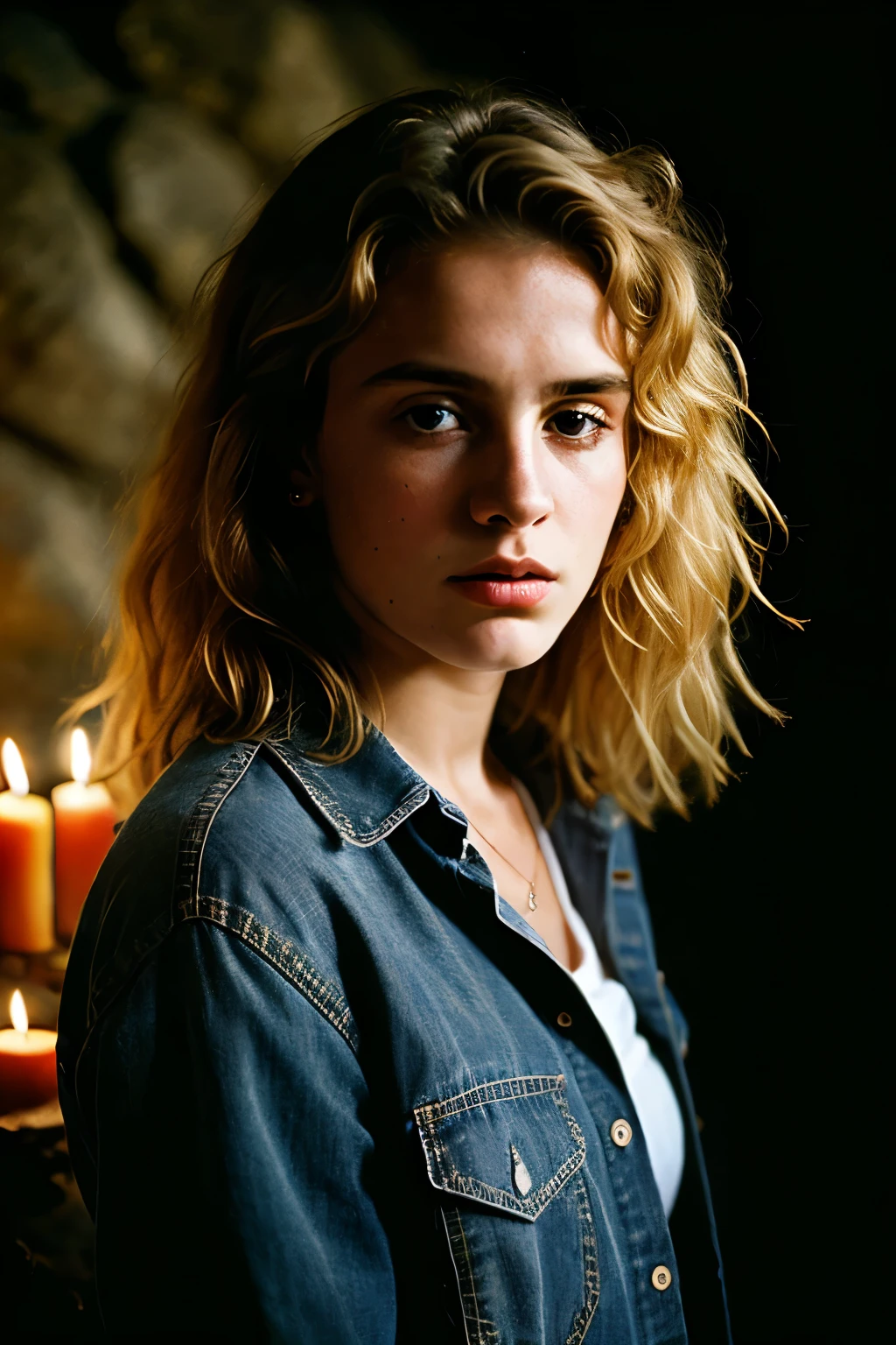 photograph of a woman, (troubled facial expression), textured skin, goosebumps, blonde afro hair, plaid flannel shirt with distressed boyfriend jeans, cowboy shot, dark and mysterious cave with unique rock formations and hidden wonders, perfect eyes, (candlelight,chiaroscuro), Porta 160 color, shot on ARRI ALEXA 65, bokeh, sharp focus on subject, shot by Don McCullin