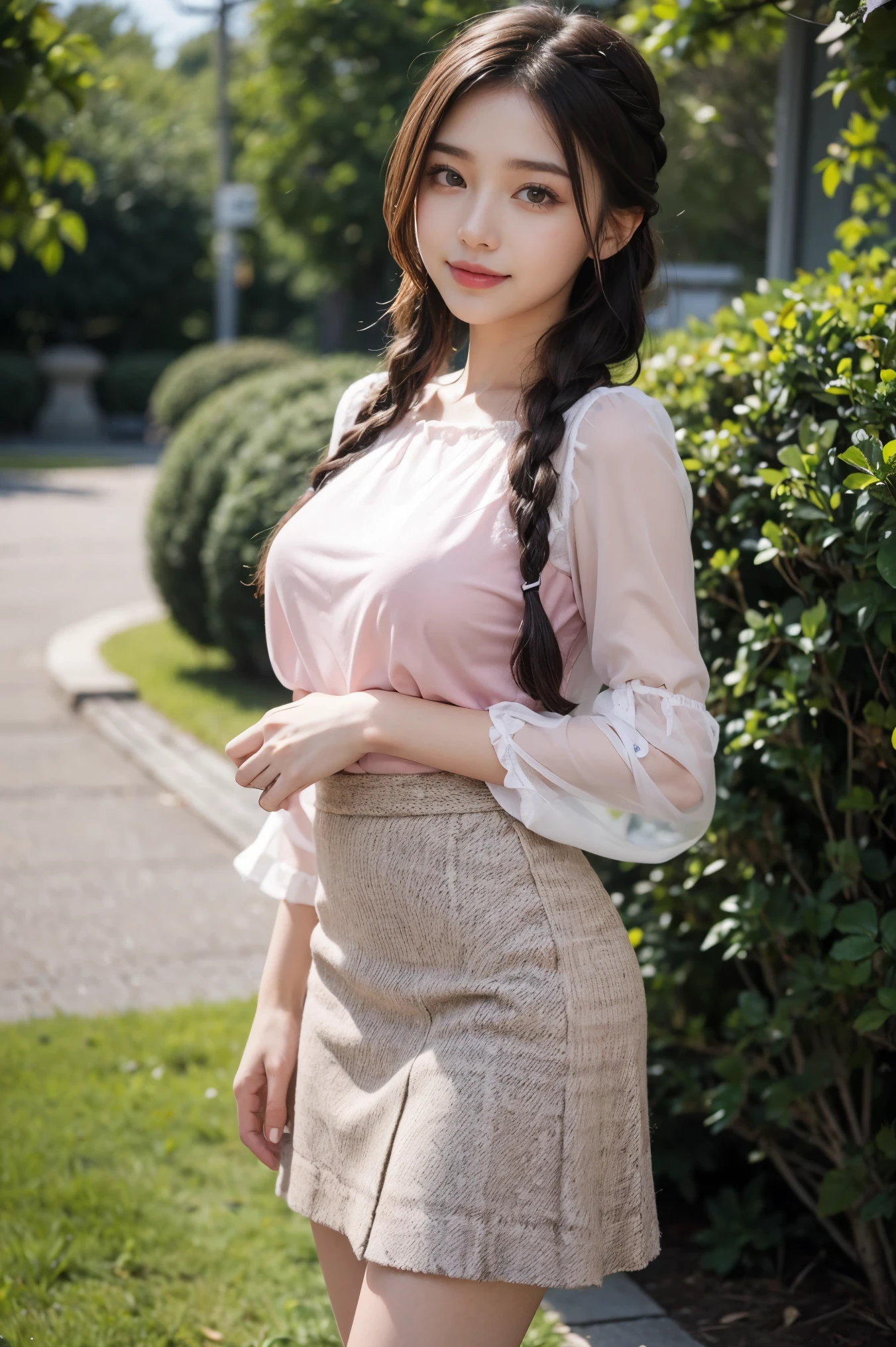 Masterpiece, Best Quality, Very Detailed, 8k, Photorealistic, soft focus, beautiful detailed eyes, detailed face, double eyelid, 1girl, solo, beautiful skin, real human skin, close-up to Face shot, Half-body, beautiful firm breasts,mature body, 18 years old girl, beautiful girl, Japanese idol, (french braid:1.3), brown hair, BREAK, (light pink sheer lawn ruffle sleeve blouse:1.3), BREAK, (tweed skirt:1.3), BREAK,(shiny mesh stockings), Gentle smile,in a Japanese garden, standing position, model pose, NSFW,put both hands behind one's back