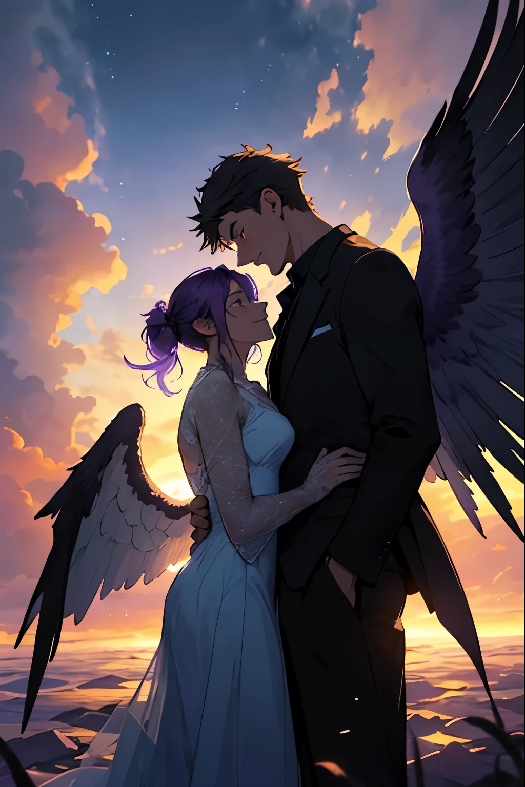 Draw a young couple hero (male have wings), floating in the sky surrounded by several clouds and sunset glowing with purple fiery auras. Dramatic lighting from distant sun and black feathers illuminates the scene, casting deep shadows on the suit. The young couple looks inlove, looking at the vast and mysterious sky with wonder and respect, detailed, 8K, perfect facial, cowboy shot