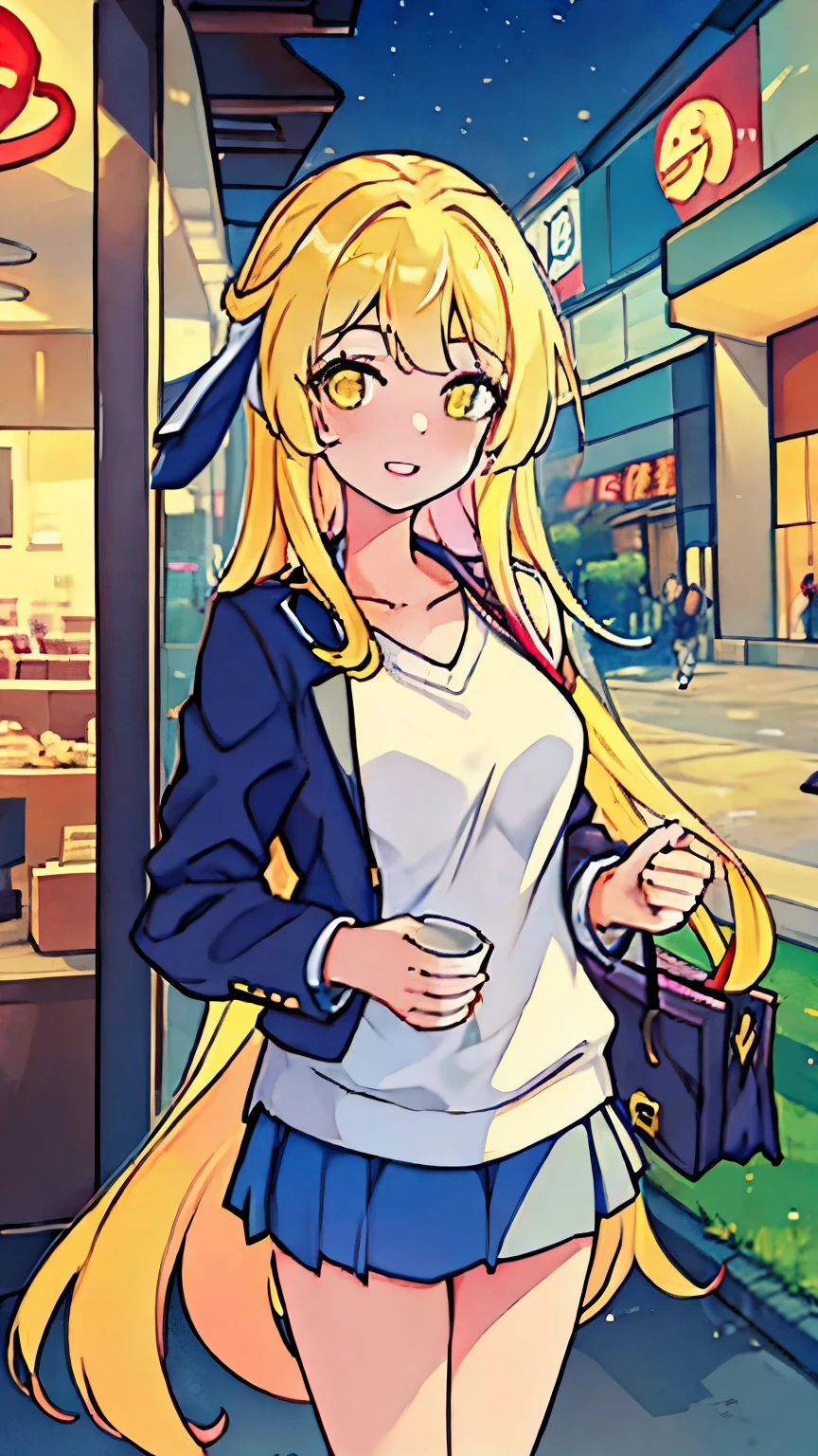 Elena Minwell, teenage girl, long straight yellow hair, smile, beautiful, sexy, background at Tokata mall in the morning.