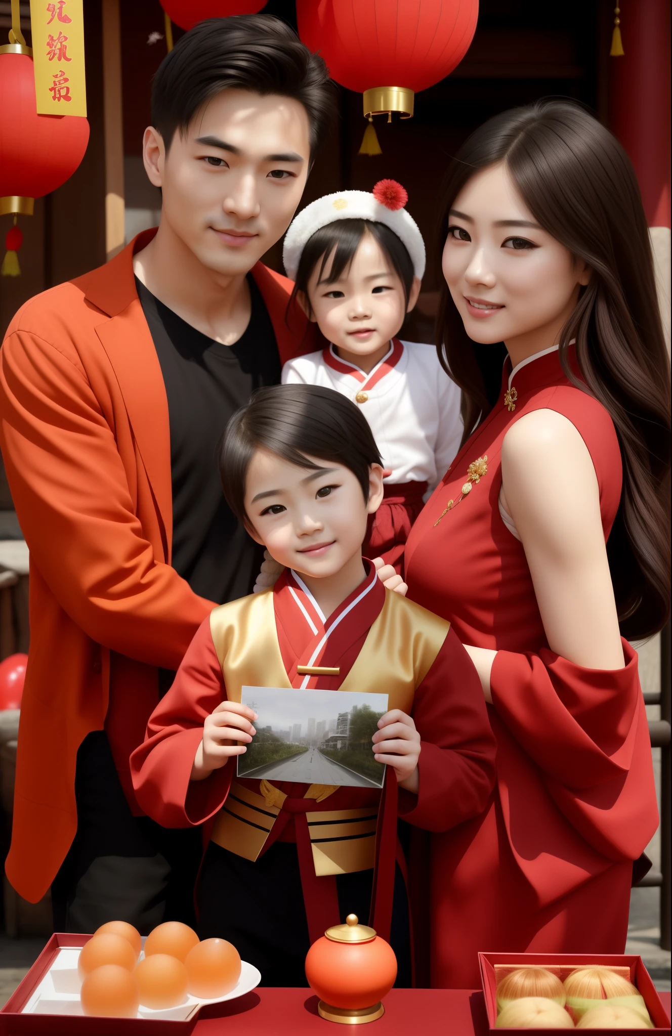 Family of four outdoors,There is a strong Spring Festival atmosphere on the street,Family members with smiles on their faces,Spring Festival decorations decorate the entire street。reunion,Frontal composition,Warm colors,standard lens,indoor,Natural light,static,joy,reunion,Ultra-fine face,Super beautiful face,Ultra-fine facial features,a ,Fashionable clothing,Dress handsomely,male god,goddess,top quality、Masterpiece、ultra high resolution、(Realism:1.6)、Eyes and facial details、dynamic lighting、gloomy、deep shadow、movie lighting、增强hair details的绘图、a delicate face、more hair、Detailed nose、detailed mouth、detailed body、hair details