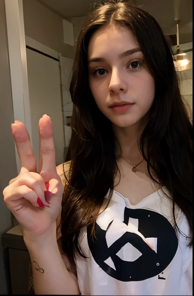 hot young girl, pale, long dark hair, selfie, peace sign with hand, complex teenage room background, hyperrealistic, 5 fingers on each hand, two fingers up