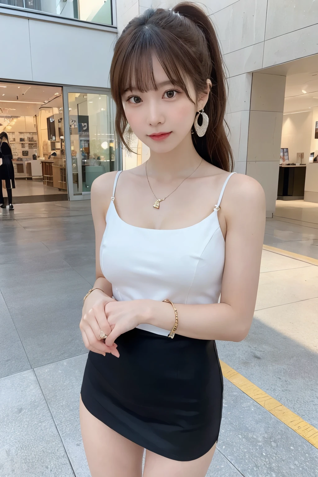 (8k, RAW photo, best quality, masterpiece:1.2), (realistic, photo-realistic:1.4), (extremely detailed 8k wallpaper),
professional lighting, Warm Tone Lighting,
sharp focus, depth of field, blur background, bokeh,
full body,
Japanese high school girl, slender, thin,
Waving hand,
shopping mall,
day,
high ponytail, Shiny hair, long wavy hair, brown hair,
one-piece dress, mini skirt, shoulder out,
fancy earrings, necklace, watch, bangle, wrist cuffs,
Joyful,