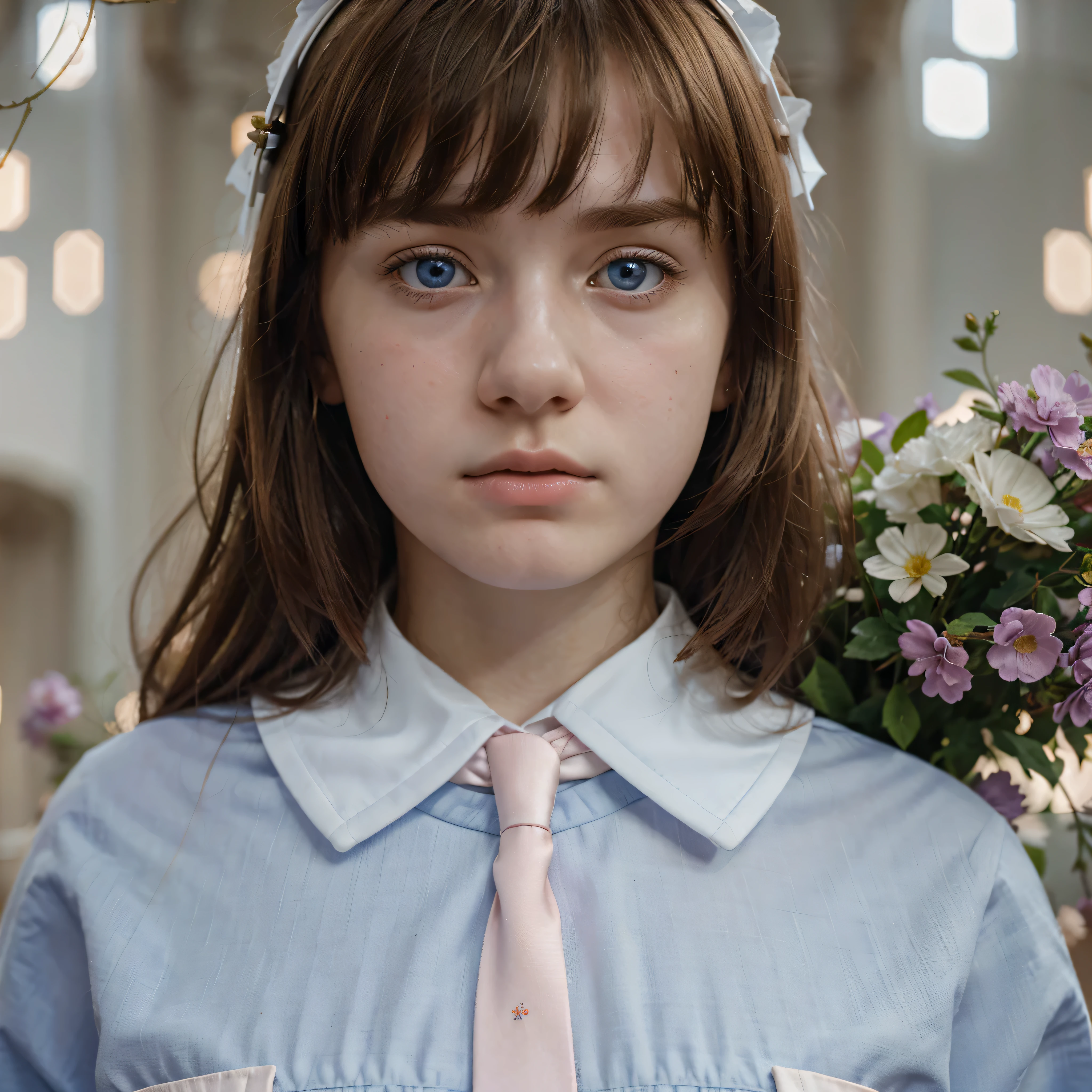 Mejor calidad, hyper realistic, Detalles, 8K, adolescente, Fifteen years old, shy, triste, palidez, grandes ojos azules claros, piel muy blanca, small nose, short brown hair with bangs, melancholia, hermoso, Catholic uniform with tie., arco de triunfo en el fondo, Flores rosadas, luces brillantes, claridad.