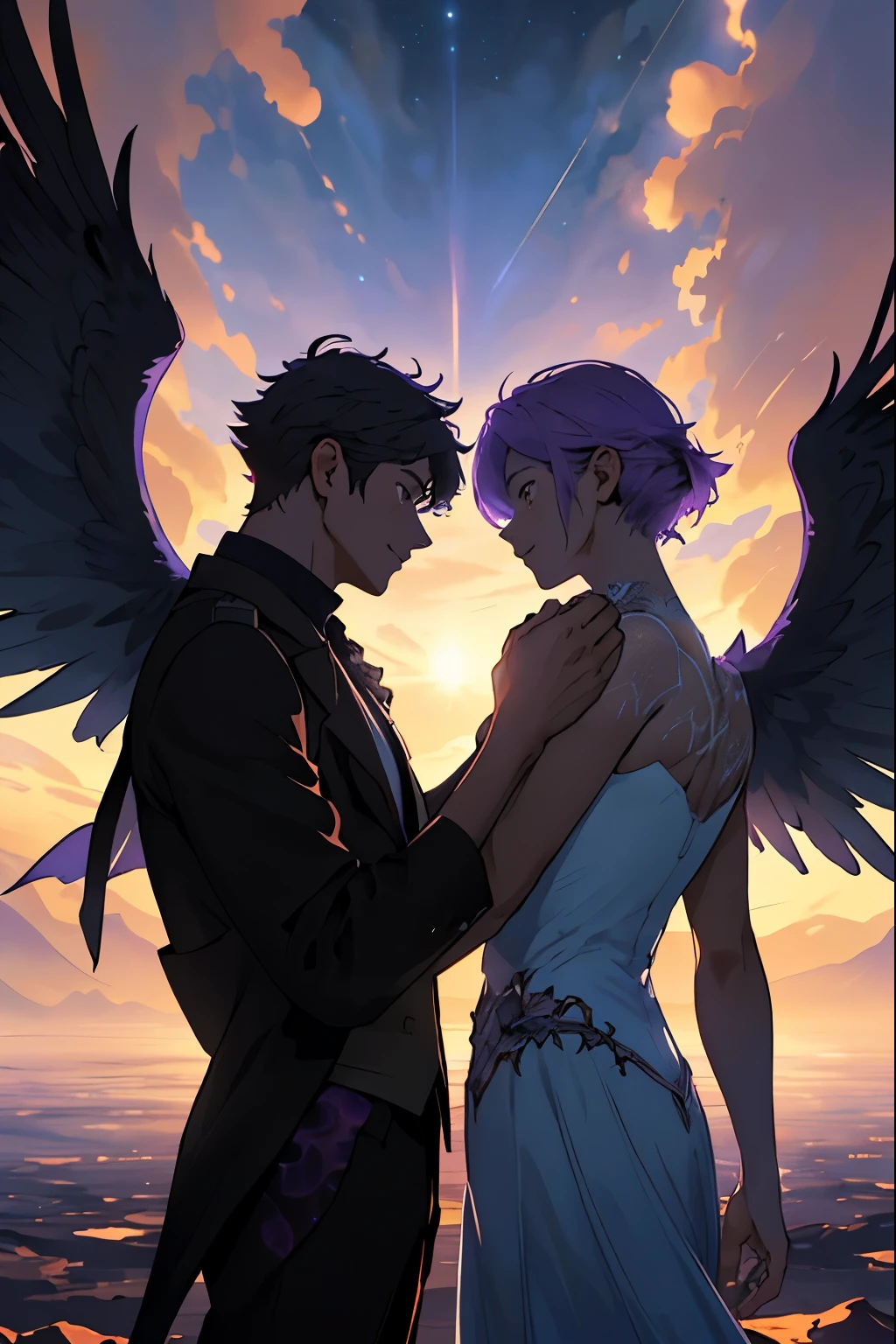 Draw a young couple hero (male have wings), floating in the sky surrounded by several clouds and sunset glowing with purple fiery auras. Dramatic lighting from distant sun and black feathers illuminates the scene, casting deep shadows on the suit. The young couple looks inlove, looking at the vast and mysterious sky with wonder and respect, detailed, 8K, perfect facial, cowboy shot
