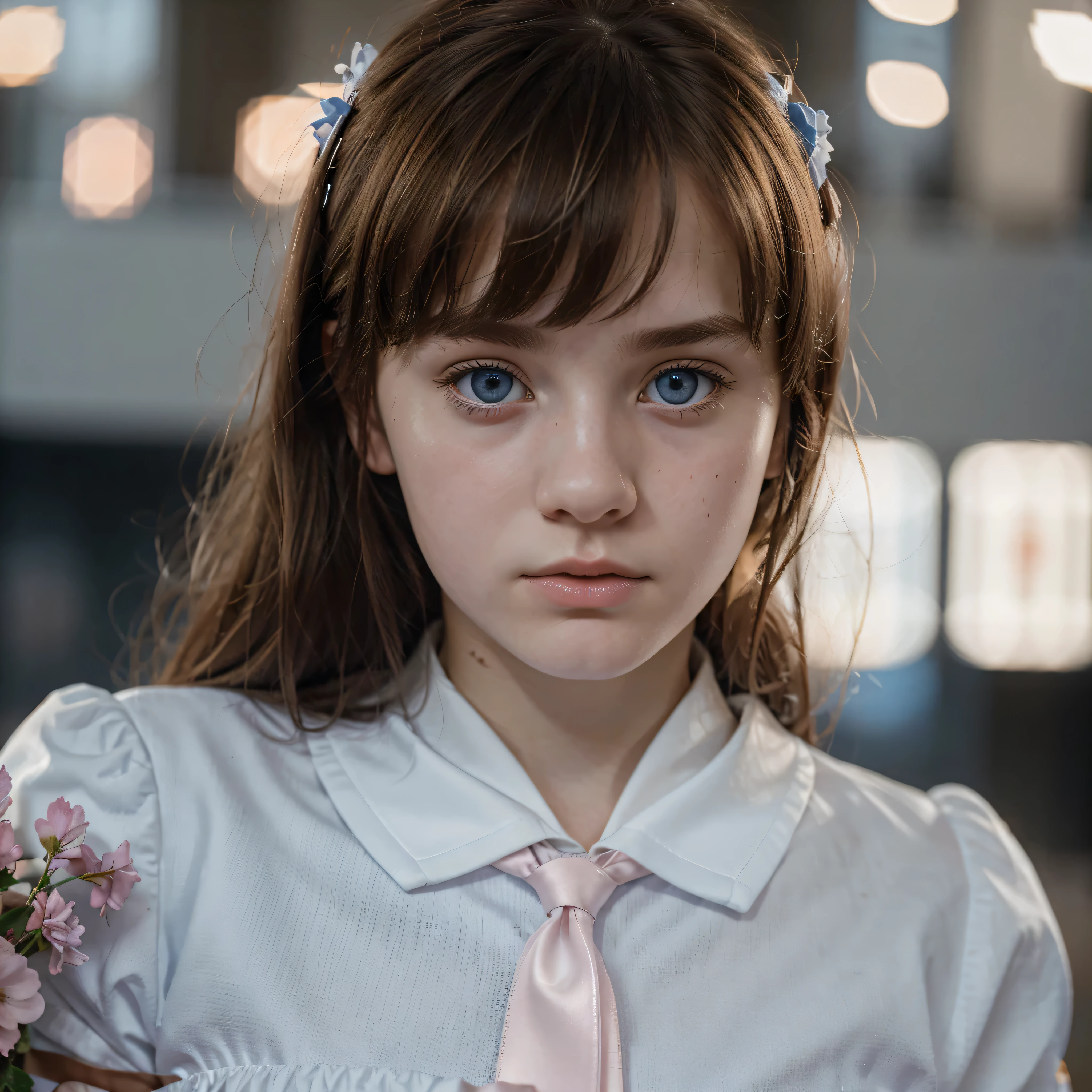 Mejor calidad, hyper realistic, Detalles, 8K, adolescente, Fifteen years old, shy, triste, palidez, grandes ojos azules claros, piel muy blanca, small nose, short brown hair with bangs, melancholia, hermoso, Catholic uniform with tie., arco de triunfo en el fondo, Flores rosadas, luces brillantes, claridad.