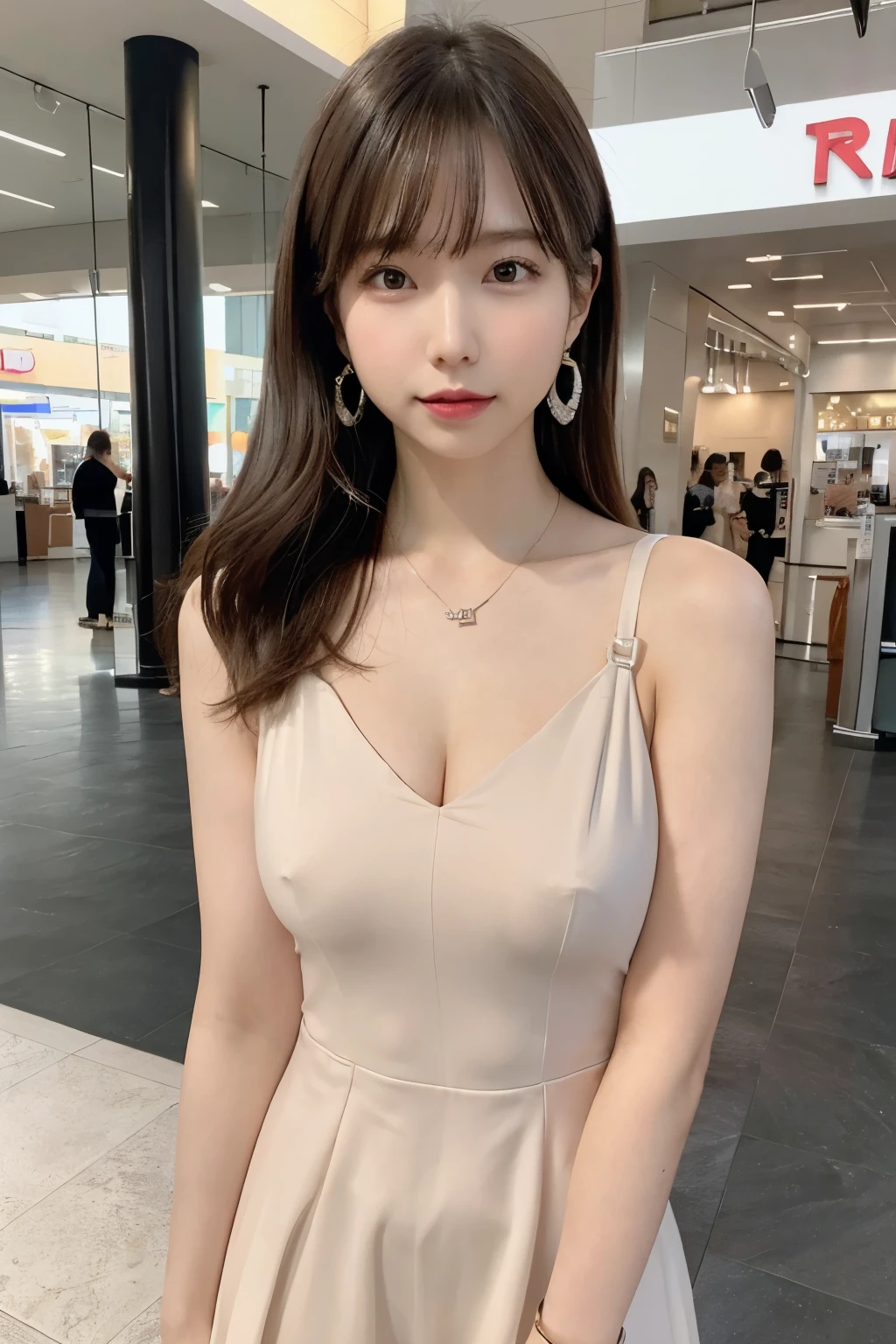 (8k, RAW photo, best quality, masterpiece:1.2), (realistic, photo-realistic:1.4), (extremely detailed 8k wallpaper),
professional lighting, Warm Tone Lighting,
sharp focus, depth of field, blur background, bokeh,
full body,
Japanese high school girl, slender, thin,
Waving hand,
shopping mall,
day,
high ponytail, Shiny hair, long wavy hair, brown hair,
one-piece dress, mini skirt, shoulder out,
fancy earrings, necklace, watch, bangle, wrist cuffs,
Joyful,