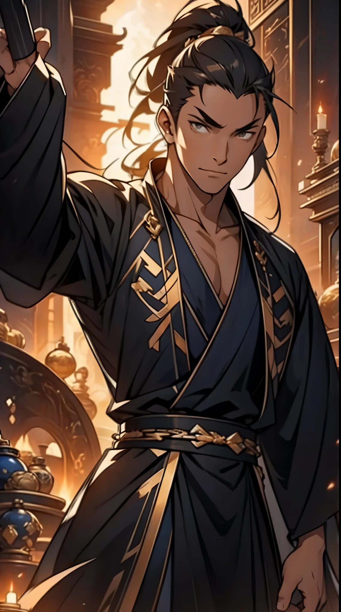 Two dimensions,anime style,one person(male warrior),proportions are correct,facial details,swordsman,high ponytail hairstyle,neck detail,Have an Adam's apple,Black and gold robe,joke,Black and gold robe,clothing details,Hand over,long sleeves,Game quality,fencing,Ray tracing,Ray tracing,Detailed glow,CG rendering,hair details,Long black and blond hair,Black-gold eyes,Handsome,Handsome,(Youthful feeling),Costumes are complicated,Perfect composition,refine,high quality,higher details,many details,Complex background,a sense of atmosphere,