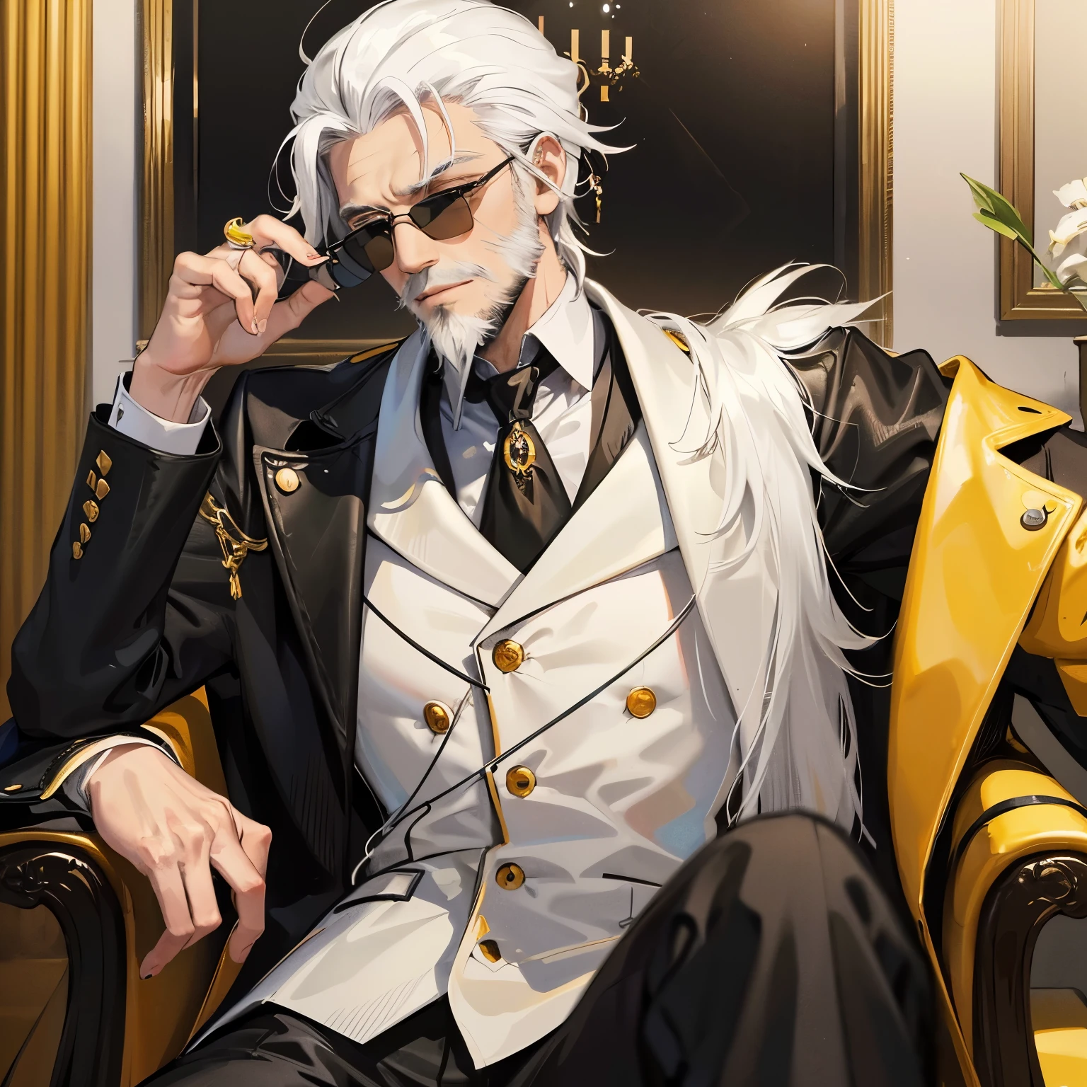 Old gentleman、black sunglasses、white hair and beard、Yellow suit、Luxury Watches、fashionable、hisense、good looking、nice middle、