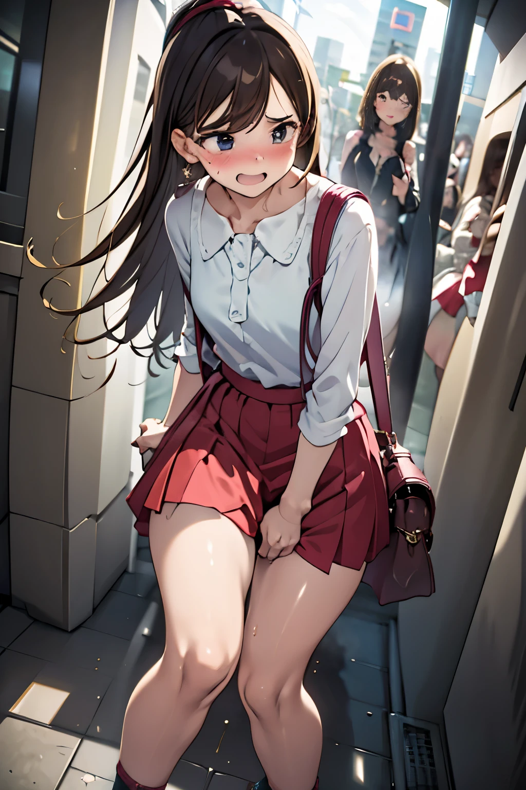 1 girl with long hair and short skirt, 1 girl is going to the toilet, looks away, standing, embarrassed, blushing, shutting, street (girl pees herself: 0.4), peeing, leaking panties, white panties, barefoot