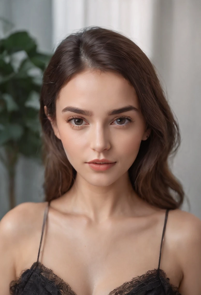 Portrait of the woman 25 years old taking a selfie on side angle to post on instagram, in room office as background. She centered in the middle of the image with seriuos expression with maximum fidelity in the eyes, eyebrows, mouth, nose. Intricated and Hiper Detailded HAIR. No smile, dressed casual, hyper natural skin, global illumination, very natural features. Sharp Focus. Sharp Contrast. Clean Sharp Focus. Extremely Sharp Details, Extremely Sharp Face, Extremely Face Detailed. Shot with frontal camera of the iphone 14 pro max. Top level view. Preimum Quality Photo