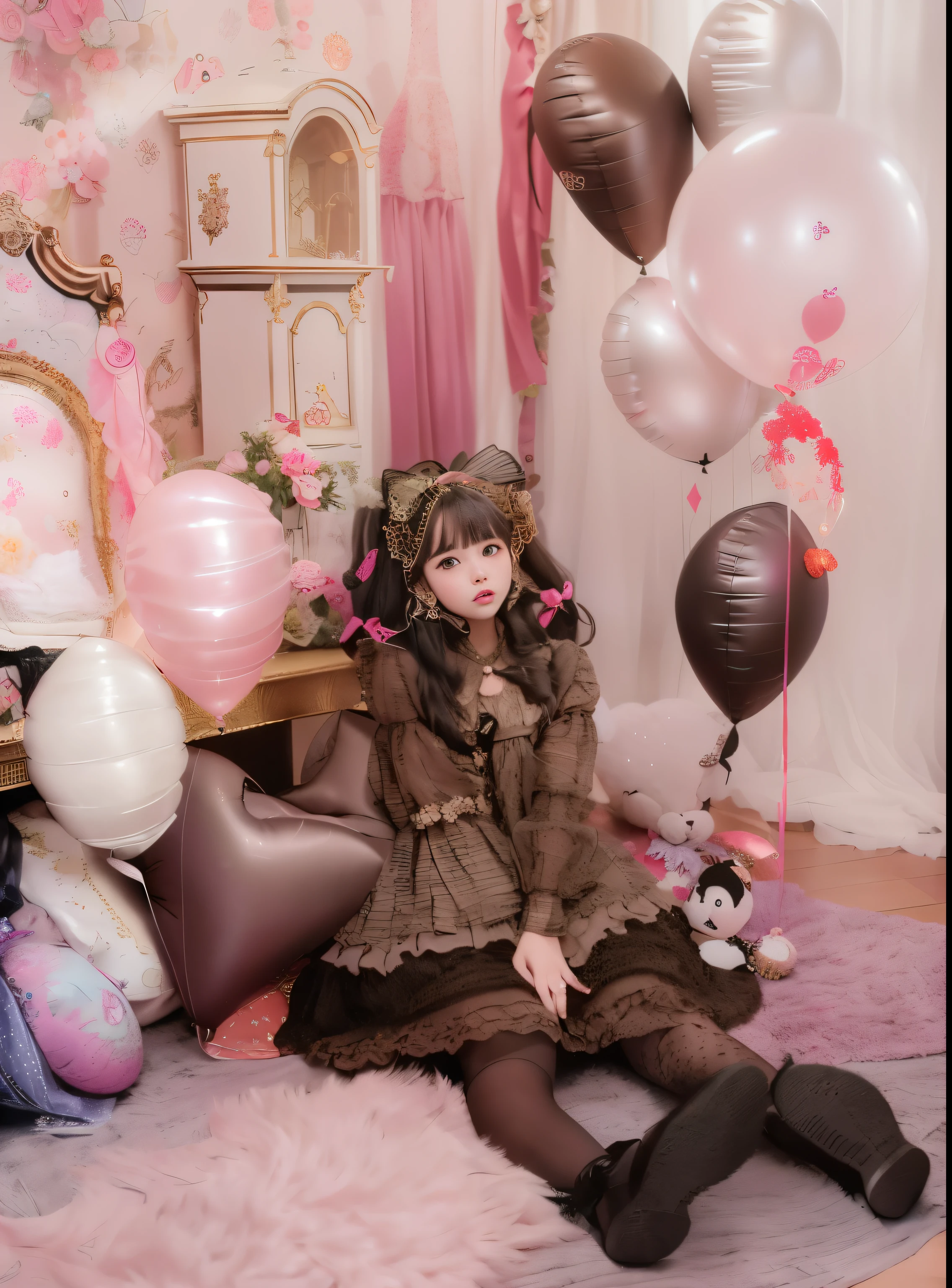 there is a woman sitting on a rug with balloons and a teddy bear, portrait of magical lolita girl, lolita style, lolita fashion, cute like an angel, fairy core, portrait of radical lolita girl, rococo dress, victorian gothic lolita fashion, Belle Delphine, portrait of lolita, , lolita, ball jointed doll, by Ayami Kojima, balloon