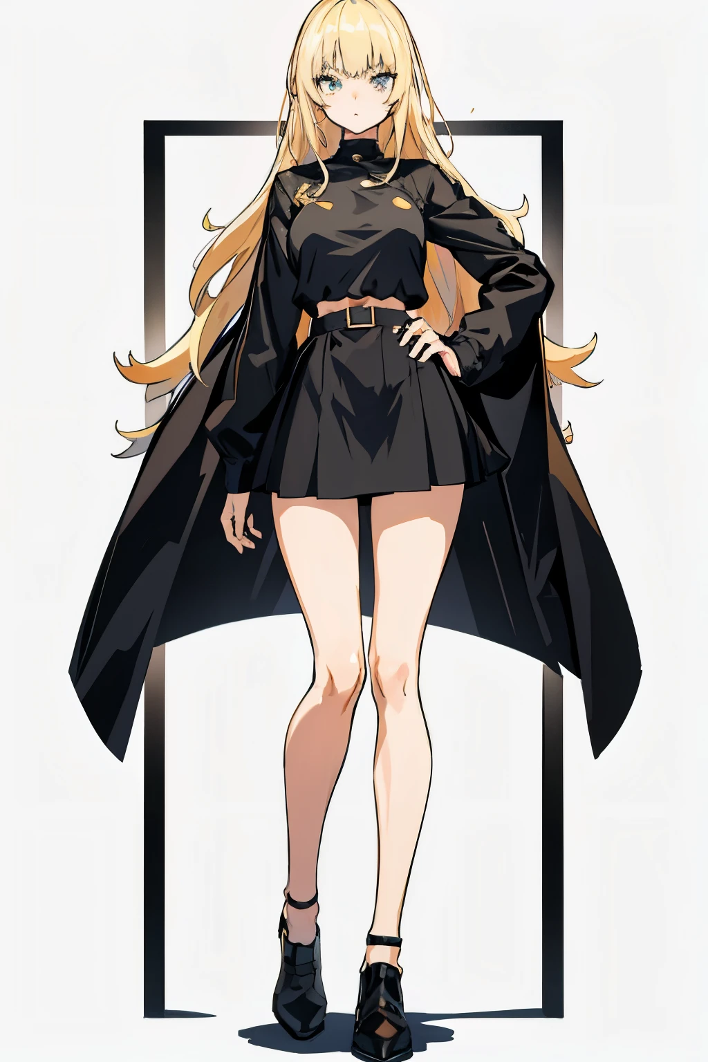 tall girl,blonde,black,whole body,stand,short skirt,blank background