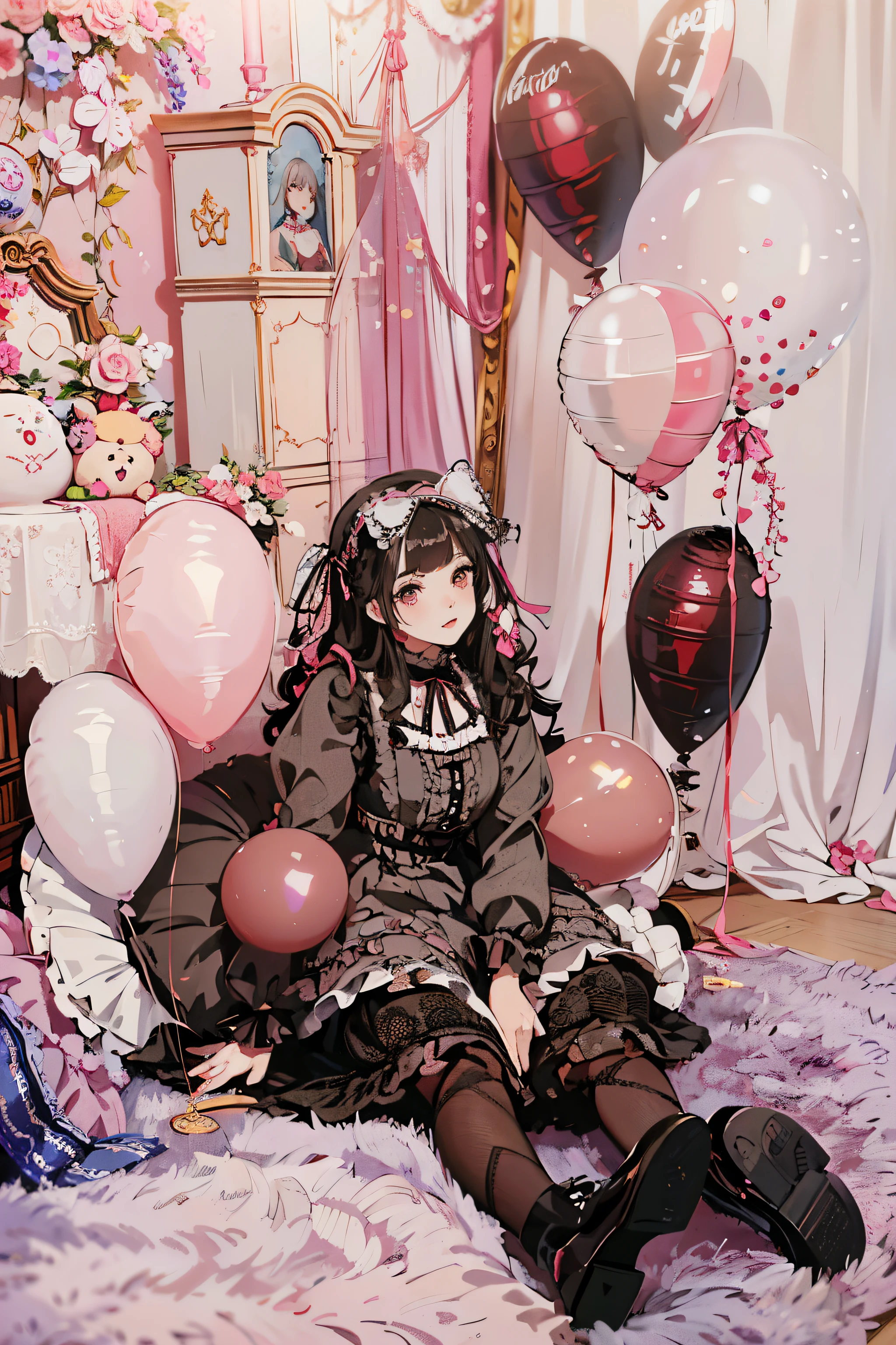 there is a woman sitting on a rug with balloons and a teddy bear, portrait of magical lolita girl, lolita style, lolita fashion, cute like an angel, fairy core, portrait of radical lolita girl, rococo dress, victorian gothic lolita fashion, Belle Delphine, portrait of lolita, , lolita, ball jointed doll, by Ayami Kojima, balloon