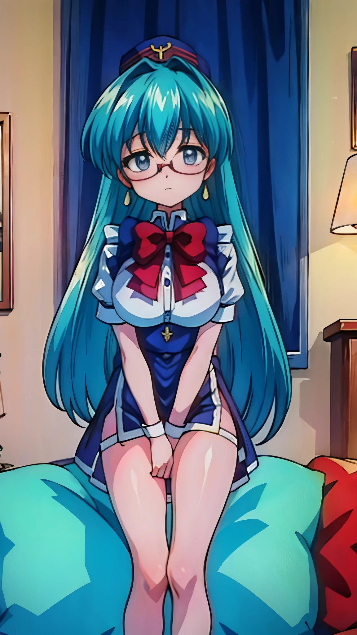 (masterpiece, best quality:1.2), Heavenly Court Gui ，1 girl, alone,Exquisite blue hair color， Wearing red lace underwear，Sitting on the sofa，wear glasses,，too big,，High heel（（（shy expression）））blush