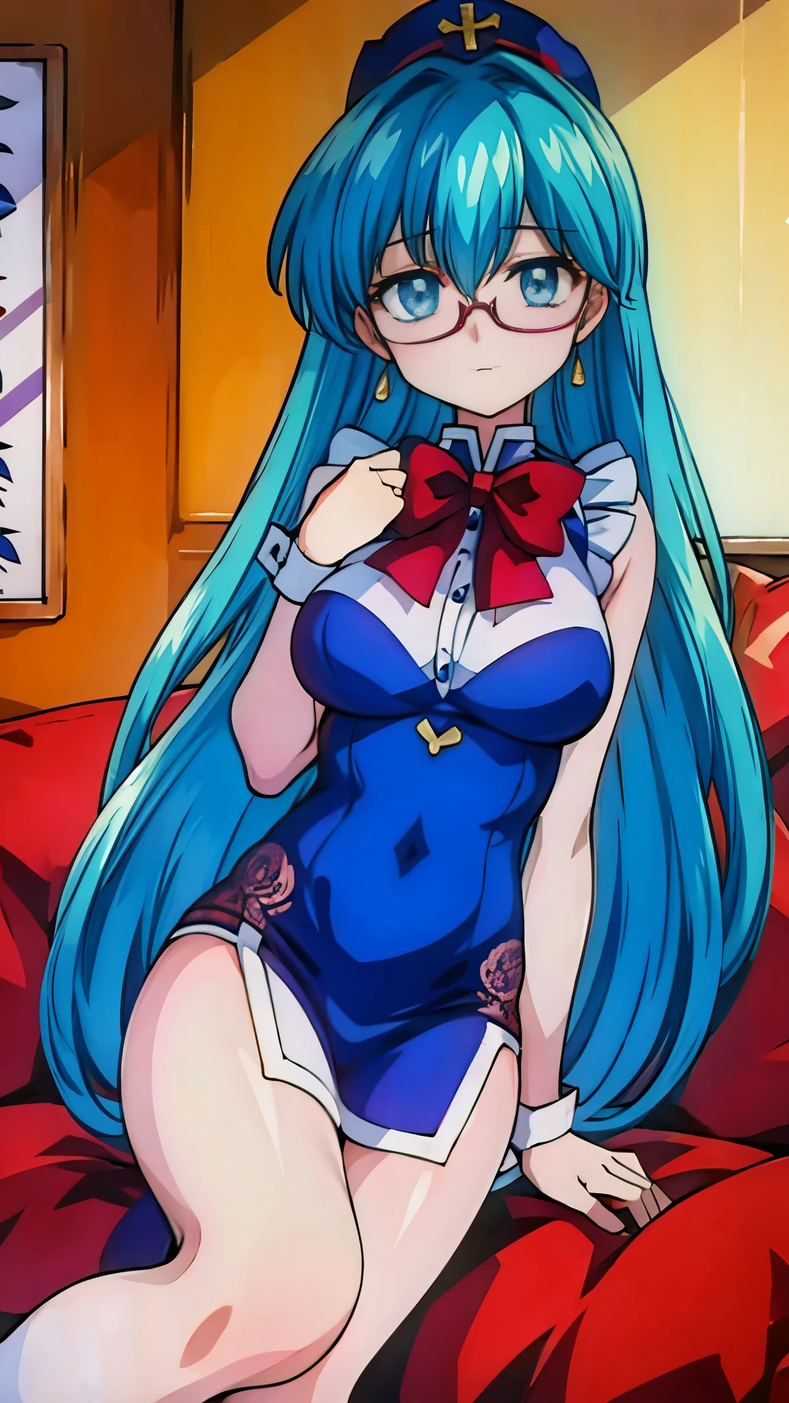 (masterpiece, best quality:1.2), Heavenly Court Gui ，1 girl, alone,Exquisite blue hair color， Wearing red lace underwear，Sitting on the sofa，wear glasses,，too big,，High heel（（（shy expression）））blush