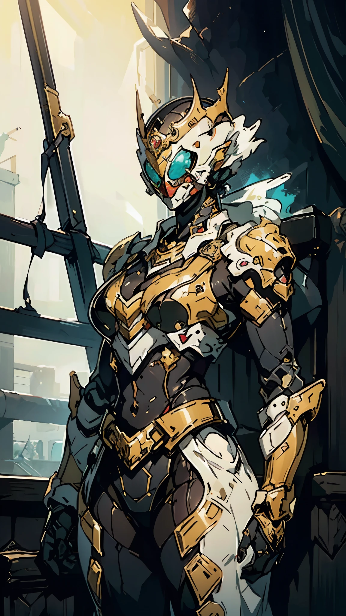 A woman adorned in fantasy-style full-body armor, a crown-concept fully enclosed helmet that unveils only her eyes, a composite layered chest plate, fully encompassing shoulder and hand guards, a lightweight waist armor, form-fitting shin guards, the overall design is heavy-duty yet flexible, (the armor gleams with a golden glow, complemented by red and blue accents), exhibiting a noble aura, she floats above a fantasy-surreal high-tech city, this character embodies a finely crafted fantasy-surreal style armored hero in anime style, exquisite and mature manga art style, (mixture of Queen bee and Spider concept Armor, plasma), ((Element, elegant, goddess, femminine:1.5)), metallic, high definition, best quality, highres, ultra-detailed, ultra-fine painting, extremely delicate, professional, anatomically correct, symmetrical face, extremely detailed eyes and face, high quality eyes, creativity, RAW photo, UHD, 32k, Natural light, cinematic lighting, masterpiece-anatomy-perfect, masterpiece:1.5