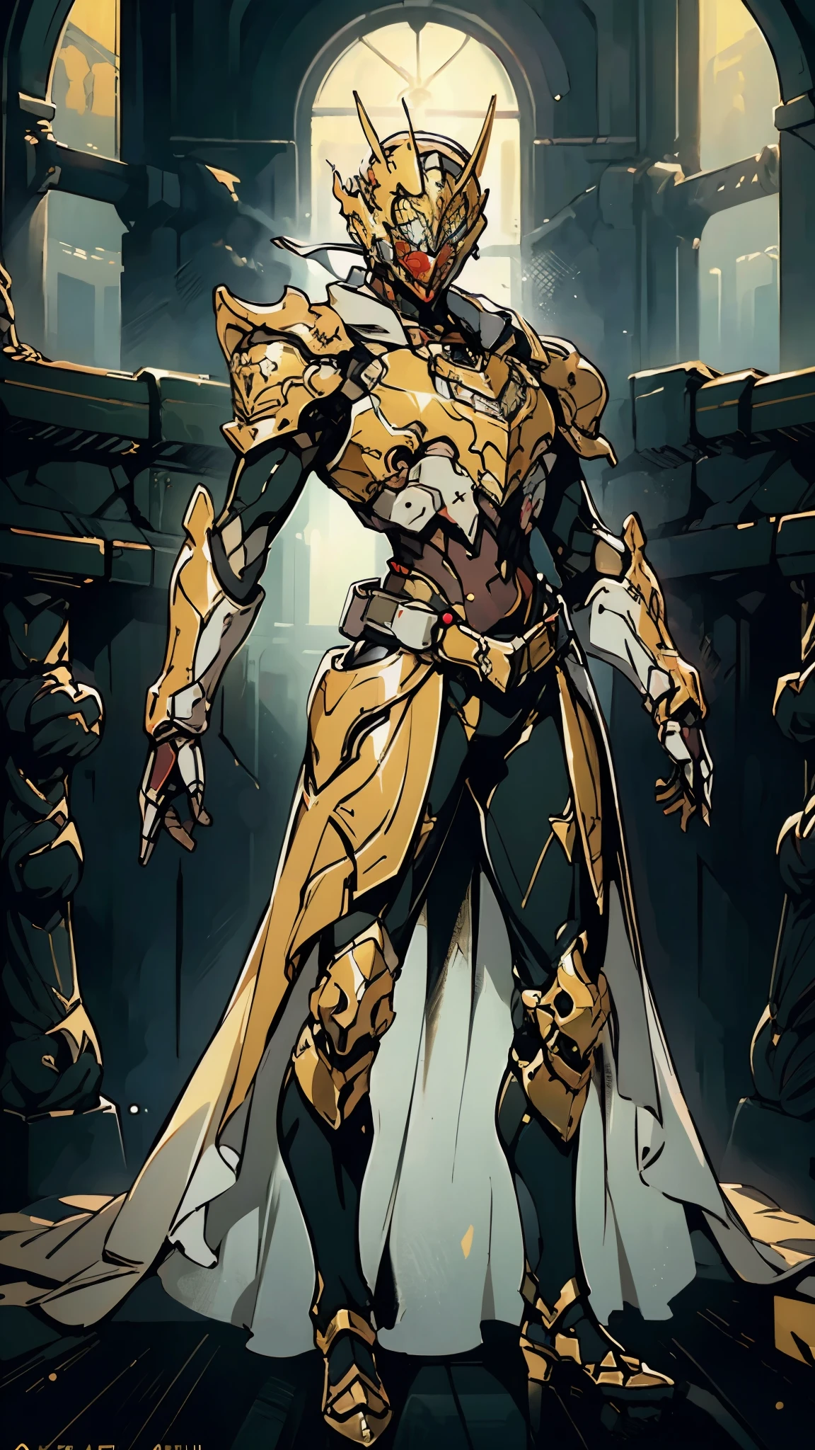 A woman adorned in fantasy-style full-body armor, a crown-concept fully enclosed helmet that unveils only her eyes, a composite layered chest plate, fully encompassing shoulder and hand guards, a lightweight waist armor, form-fitting shin guards, the overall design is heavy-duty yet flexible, (the armor gleams with a golden glow, complemented by red and blue accents), exhibiting a noble aura, she floats above a fantasy-surreal high-tech city, this character embodies a finely crafted fantasy-surreal style armored hero in anime style, exquisite and mature manga art style, (mixture of Queen bee and Spider concept Armor, plasma), ((Element, elegant, goddess, femminine:1.5)), metallic, high definition, best quality, highres, ultra-detailed, ultra-fine painting, extremely delicate, professional, anatomically correct, symmetrical face, extremely detailed eyes and face, high quality eyes, creativity, RAW photo, UHD, 32k, Natural light, cinematic lighting, masterpiece-anatomy-perfect, masterpiece:1.5