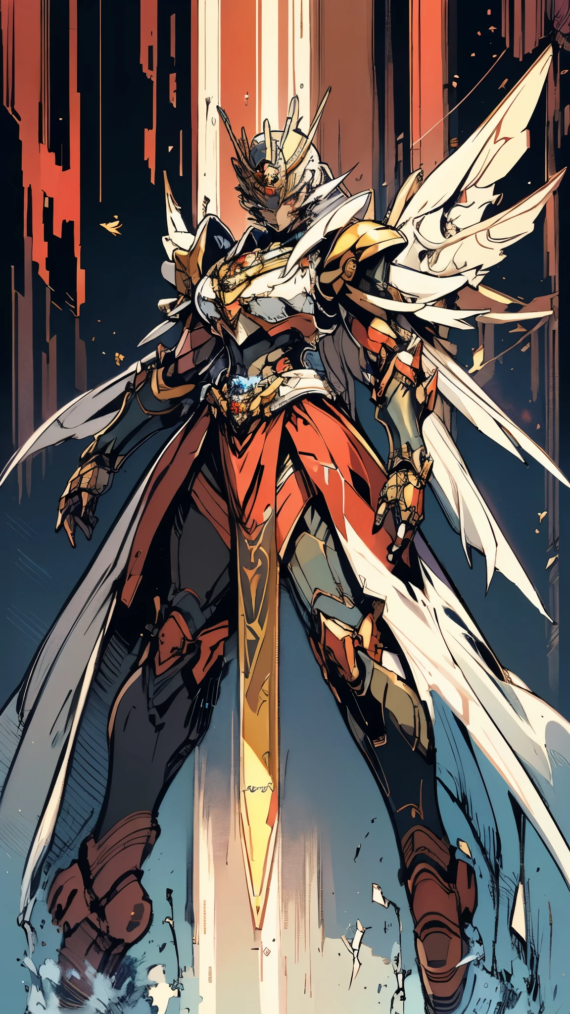 A woman adorned in fantasy-style full-body armor, a crown-concept fully enclosed helmet that unveils only her eyes, a composite layered chest plate, fully encompassing shoulder and hand guards, a lightweight waist armor, form-fitting shin guards, the overall design is heavy-duty yet flexible, (the armor gleams with a golden glow, complemented by red and blue accents), exhibiting a noble aura, she floats above a fantasy-surreal high-tech city, this character embodies a finely crafted fantasy-surreal style armored hero in anime style, exquisite and mature manga art style, (mixture of Queen bee and Spider concept Armor, plasma), ((Element, elegant, goddess, femminine:1.5)), metallic, high definition, best quality, highres, ultra-detailed, ultra-fine painting, extremely delicate, professional, anatomically correct, symmetrical face, extremely detailed eyes and face, high quality eyes, creativity, RAW photo, UHD, 32k, Natural light, cinematic lighting, masterpiece-anatomy-perfect, masterpiece:1.5