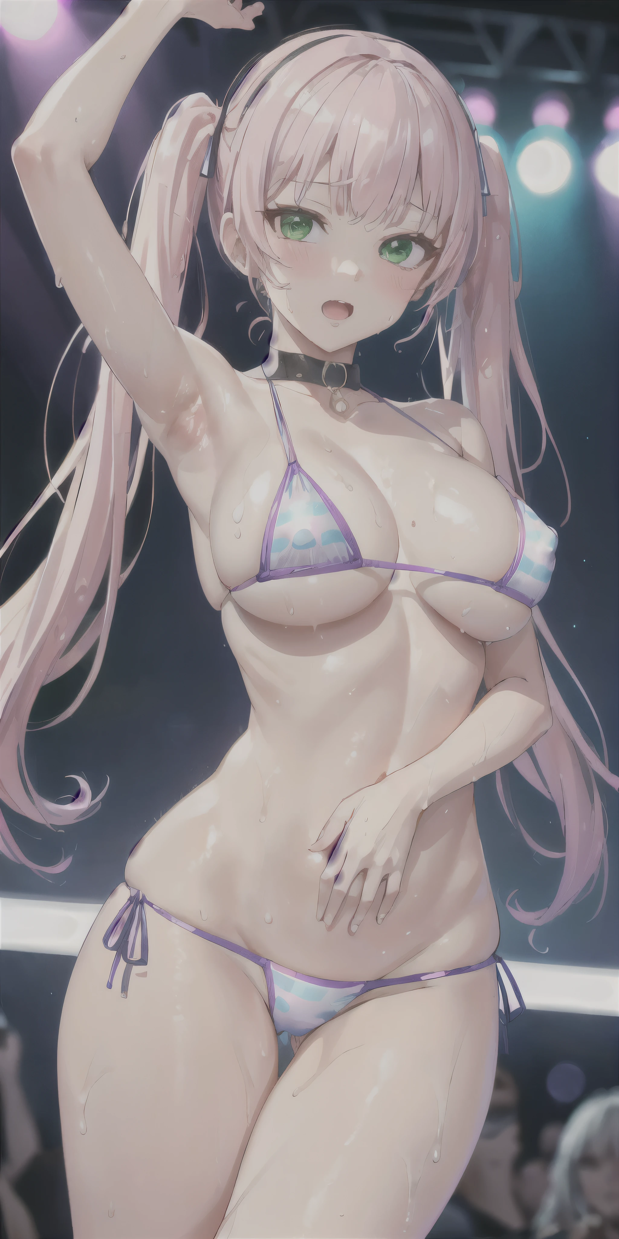 ((masterpiece)), ((highest quality)), (super detailed), wallpaper, highest quality, 1 girl,detailed face, big breasts, open your mouth,shiny, shiny, shiny skin, (((Purple metallic berry berry micro bikini)))+, (highly detailed)+, (figure), (realistic)-, (shiny wet sweat oily skin), ((sunburned skin)), dynamic pose, sexy, beautiful, wonderful, highly detailed eyes,((((night club)))), cowboy shot, cowboy shot, (colorful light)++, (Twinkle Star)+, blush+,bitch in heat, cute,,model, Idol, oily,(Brantbang,twin tails),(((Creampie))),bed,((((spread legs)))),gold hair,(((Liar))),((((Brantbang)))),green gradient hair,,,,,long hair, ,green eyes,spread legs,covered nipples,(((Cowgirl))), , ,,,,,,,,,, ,,,,,,,,, ,,