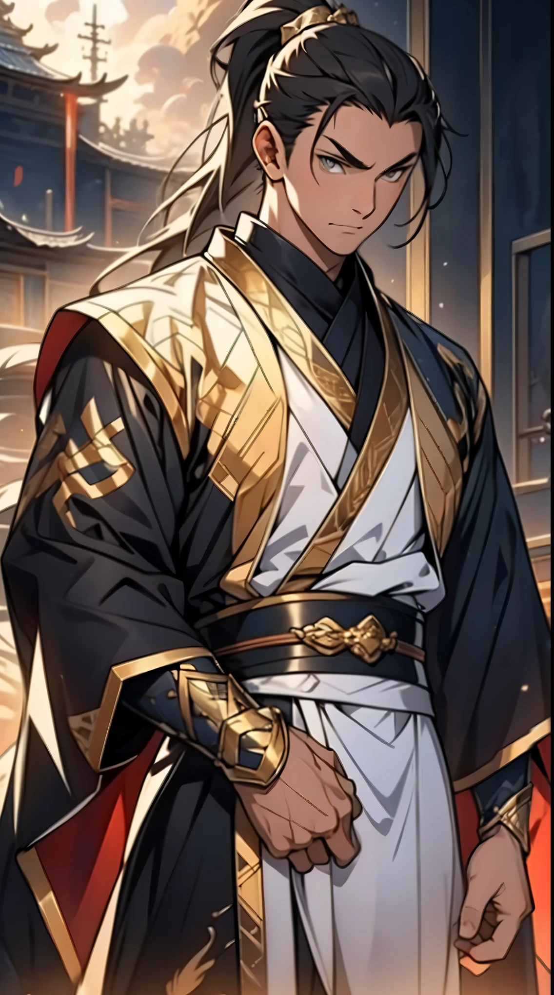 Two dimensions，anime style，one person（male warrior），proportions are correct，facial details，swordsman，high ponytail hairstyle，neck detail，Have an Adam&#39;s apple，Black and gold robe，joke，Black and gold robe，clothing details，Hand over，long sleeves，Game quality，fencing，Ray tracing，Ray tracing，Detailed glow，CG rendering，hair details，Long black and blond hair，Black-gold eyes，Handsome，Handsome，（Youthful feeling），Costumes are complicated，Perfect composition，refine，high quality，higher details，many details，Complex background，a sense of atmosphere，