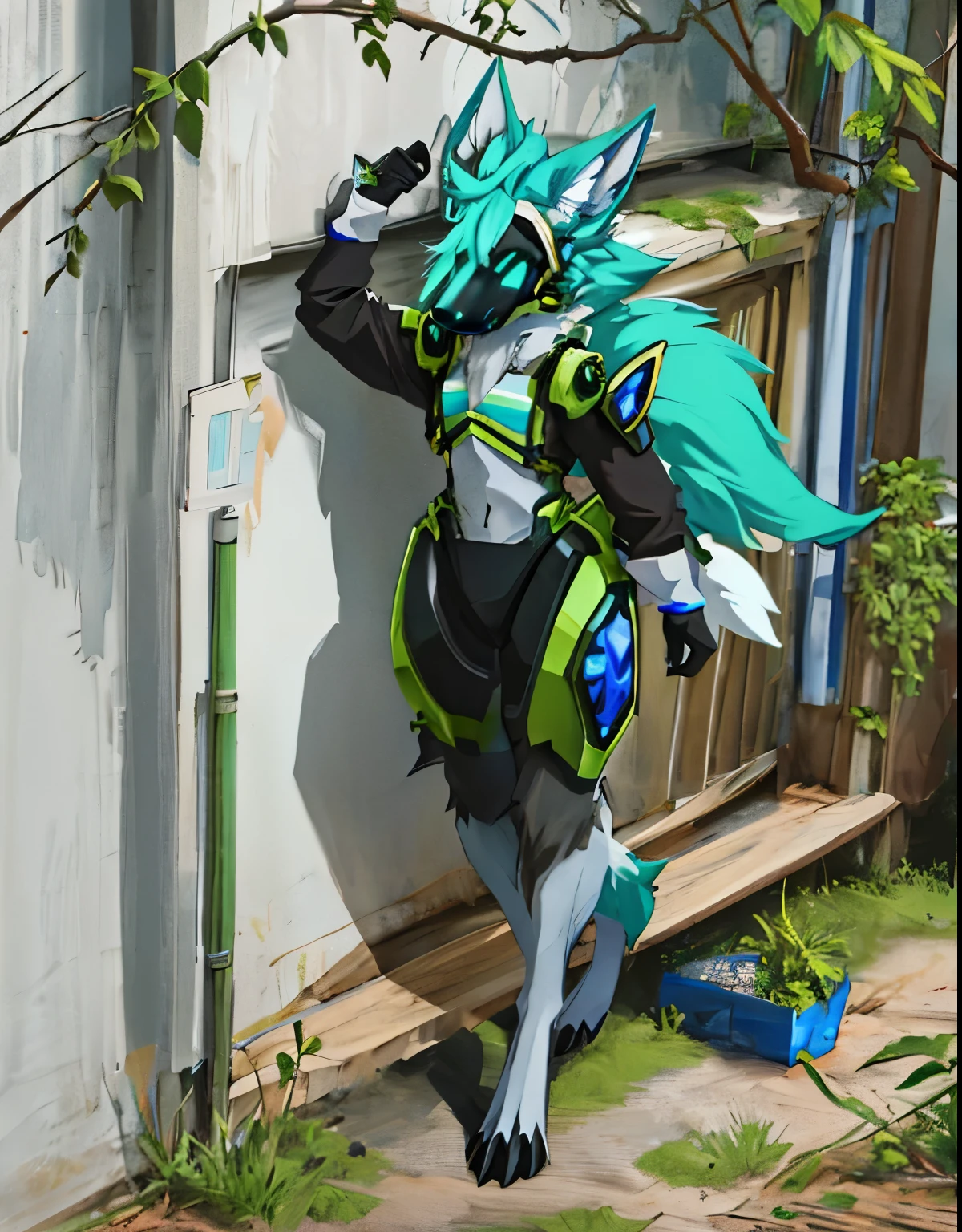 A large green protogen walking through the forest blue eyes and mouth small ears must have a tail