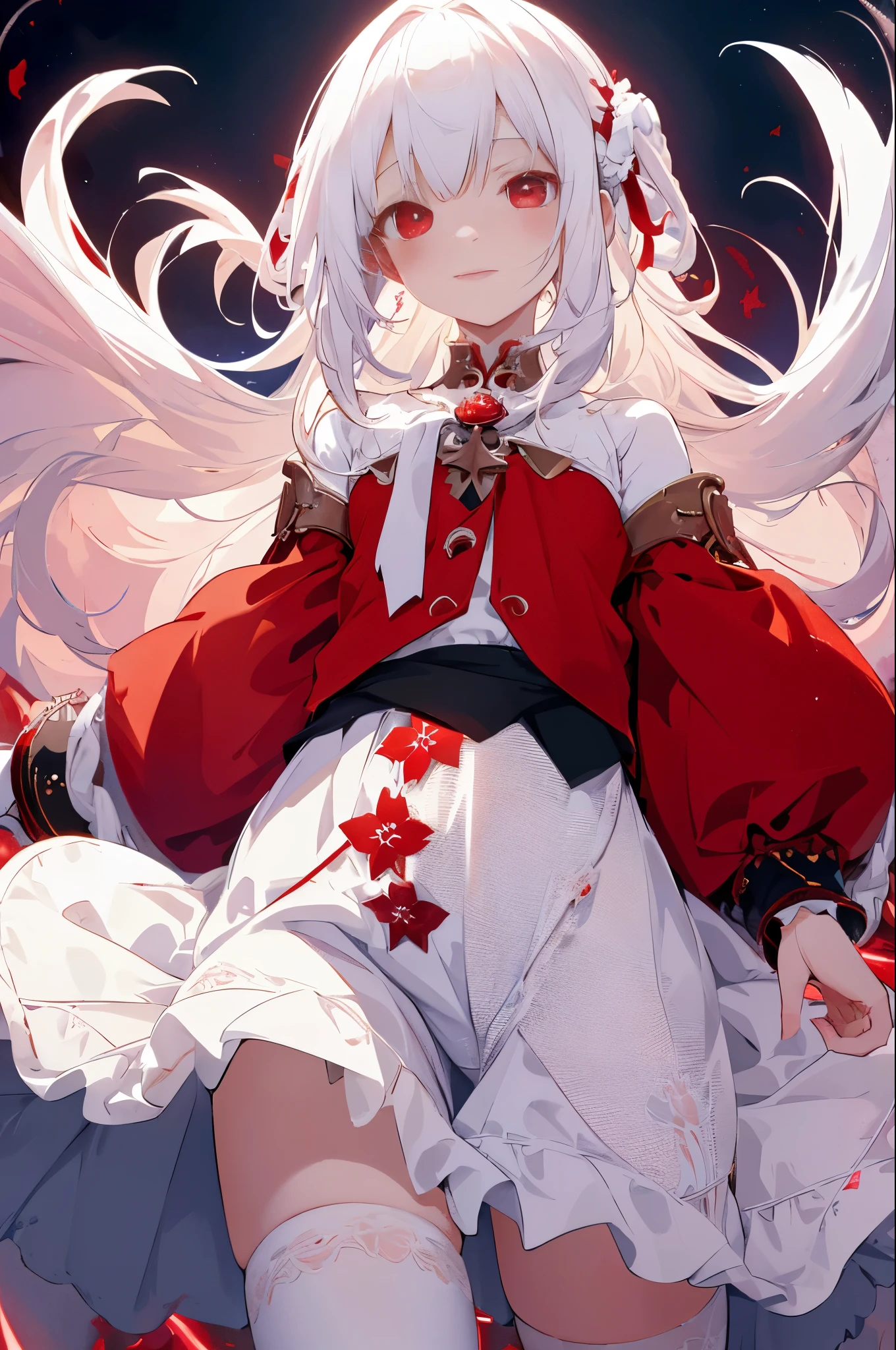 beautiful illustrations, highest quality, cute  girl, (conversion sequence), transformation magical girl, Little, white magical girl, fractal art, albino, baby face, pure white and red long mesh hair, beautiful detailed red eyes, cinematic lighting, cowboy shot, looking at the viewer, from below, Happy,nsfw