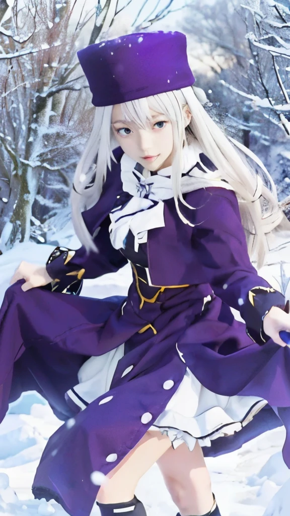 anime girl in purple coat and hat walking in snow, anime style like fate/stay night, anime visual of a cute girl, fate / stay night, fate stay night, ufotable art style, hajime yatate, light novel cover art, official anime artwork, a maid in a magical forest, fate grand order, white haired deity, ufotable