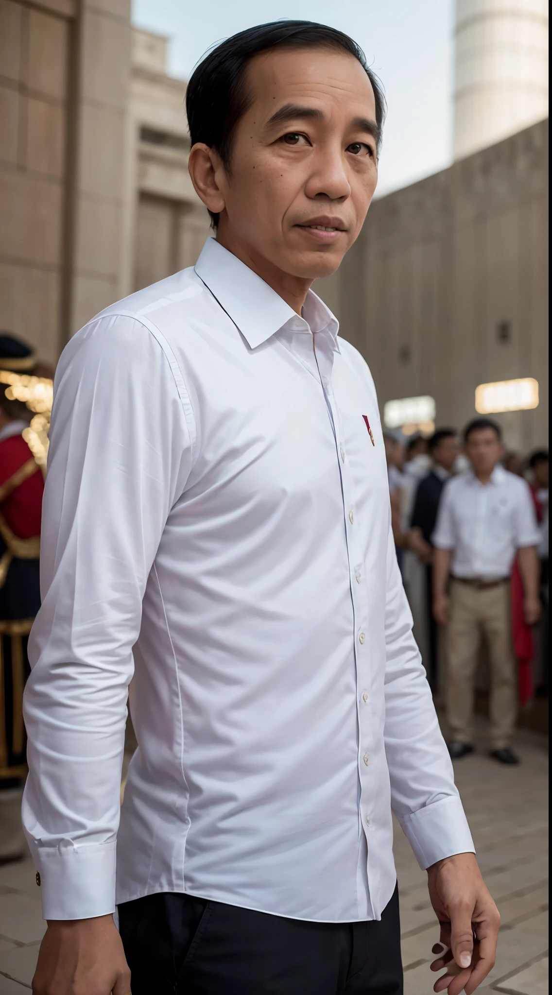 4k, Best quality, masterpiece, ultra high res, beautiful lighting, (realistic, photo-realistic:1.4), realistic background,
 jokowi He dressed  traje de luces , 
1man, 50 years old , Las Ventas, bull