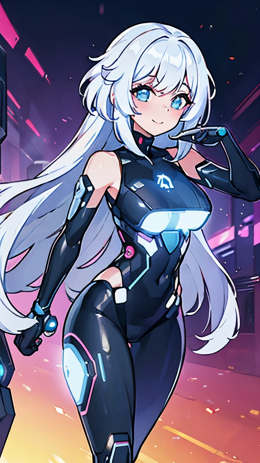 1girl, breasts, bodysuit, science-fiction, tech, futuristic, machinery, full body, ((full body)), neon trim, white hair, long hair, purple eyes, white bodysuit, smile, light smile