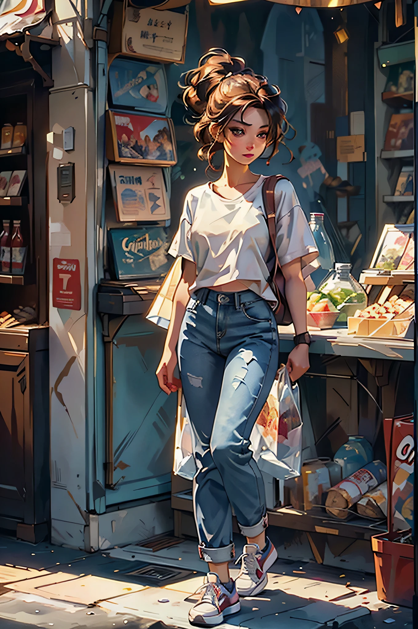 shui001,
(lifelike:1.4), official art, unified 8k wallpaper, super detailed,Fine skin details,(Cinematic angle)(film grain:1.2)Light,Beautiful and beautiful, masterpiece, best quality, 发Light的皮肤, (cold Light:1.5),whole body,(moonLight)(In the supermarket) 1 girl, t-shirt, washed flared jeans, White converse sneakers, dynamic poses, Various shelves, The refrigerator is full of drinks,Shopping, 1990s \(style\),