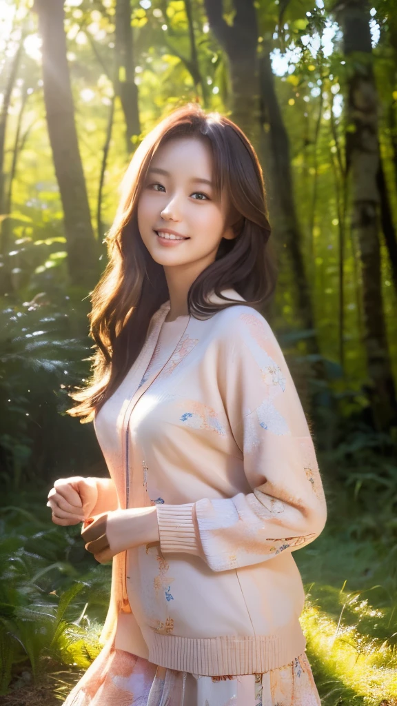 (realistic),(Masterpiece:1.2), (best quality:1.2),look at viewer, amazing gesture,(Walk in the forest in the morning), golden hour, The light is dim., Rim lights,
1girl beauty 18yo, smile a little, far shot, (comfortable pink),(decorations:1.1),long hair, (Golden pattern pattern)
,