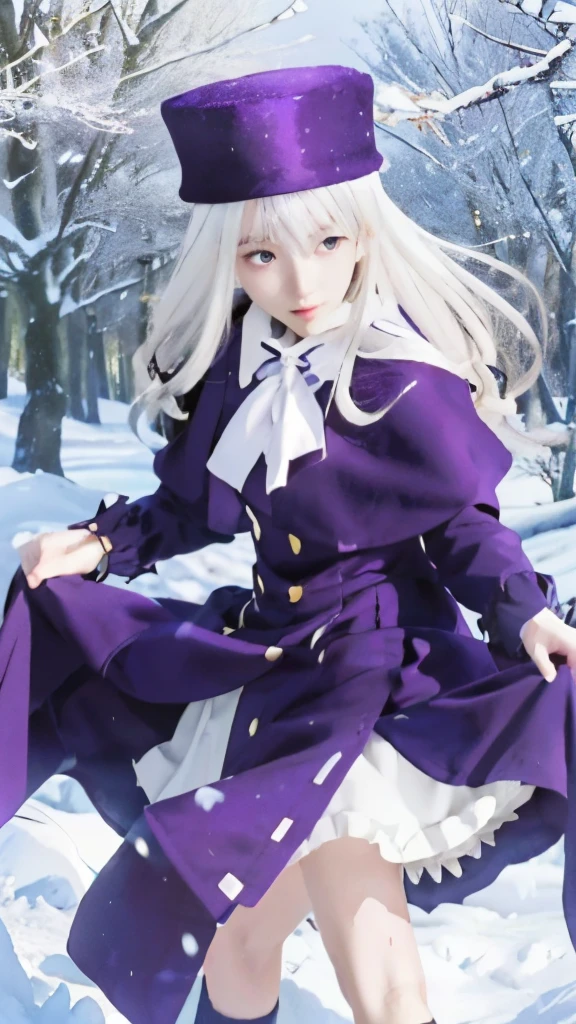 anime girl in purple coat and hat walking in snow, anime style like fate/stay night, anime visual of a cute girl, fate / stay night, fate stay night, ufotable art style, hajime yatate, light novel cover art, official anime artwork, a maid in a magical forest, fate grand order, white haired deity, ufotable