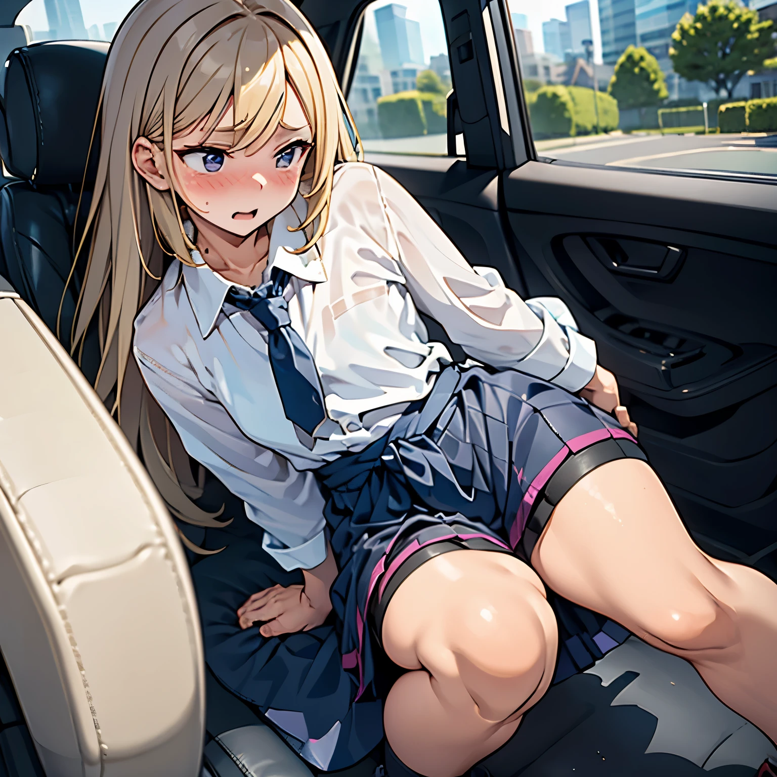 (1 girl, have to pee, peeing herself, peeing, peeing self, crying, very desperate to pee), (have to pee, have to pee, peeing, peeing self, peeing, peeing self:1.2), (in the car, midi dress, long skirt, have to pee, covering crotch strong, knees together and feet apart:1.6), (hand between legs, leaning forward, hand in panties:1.2), (shaded face, despairing, anxiety, breathless, full face blush, embarrassed, looking away:1.5), (girl can't sit still, girl is floating on her waist:1.5), (ultra detailed face, best quality:1.5), (from side:1.1), Slightly open mouth, natural makeup,