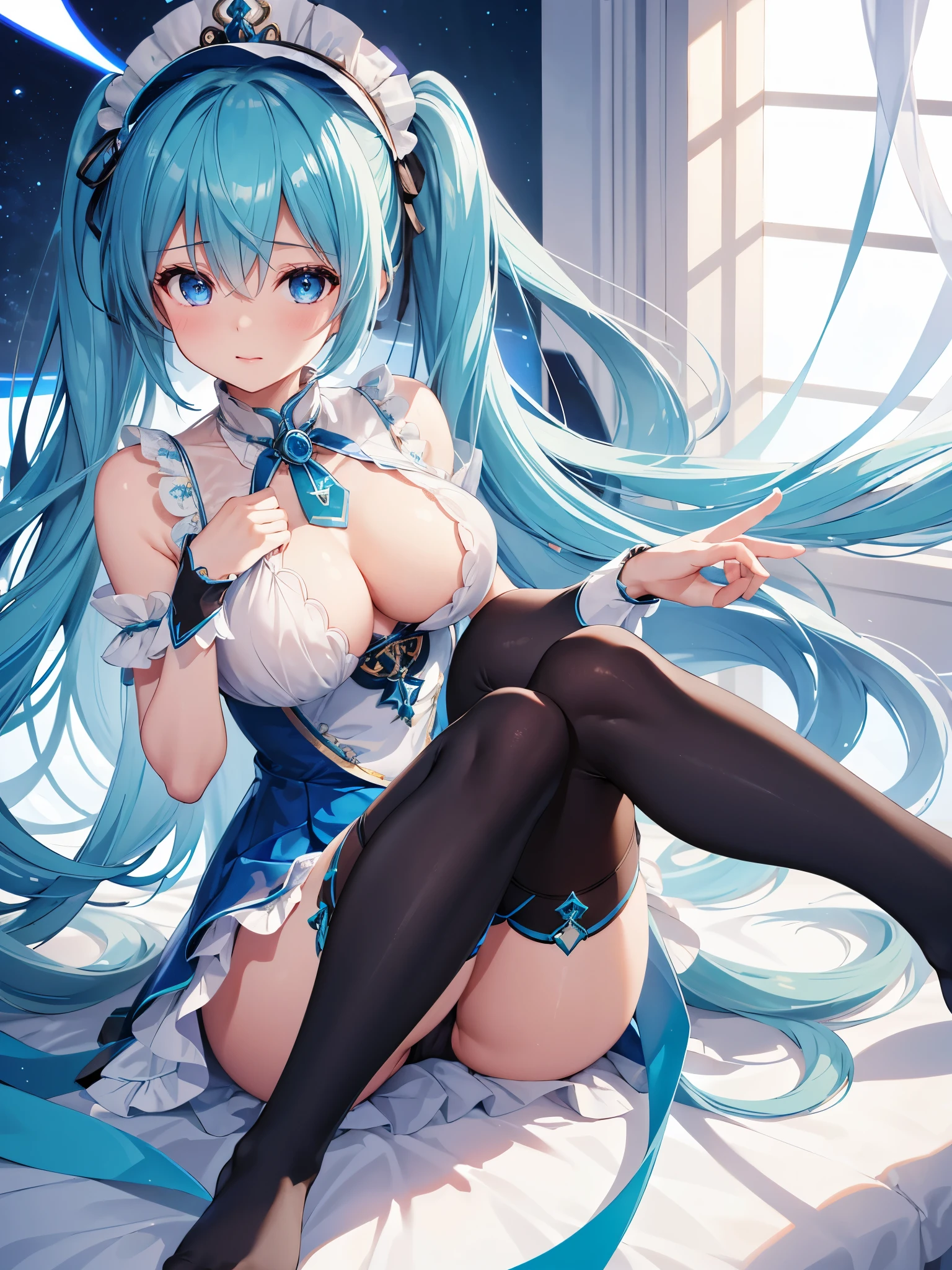 (1 girl),(high quality), (High resolution), (extremely detailed), (8K),(focus on lower body),(CG)、goddess of the sea、goddess outfit、transparent costume、blue dress、Magic Mentor、sexy panties、(black knee high stockings:1.2)、nipple shape、No shoes、neutral white lighting,sexy pose、showing panties、Hatsune Miku
