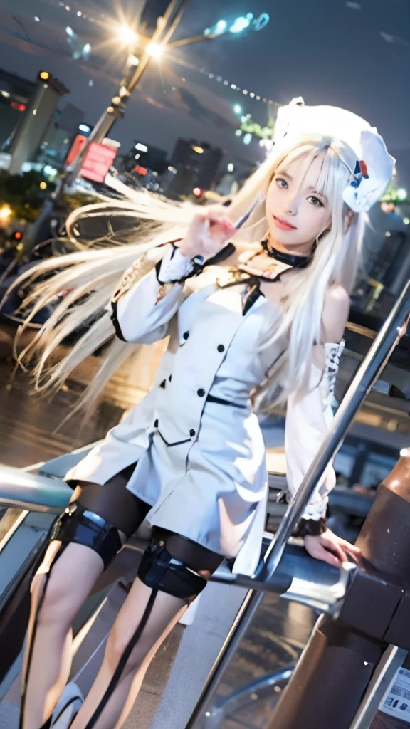 anime girl in white outfit standing on a railing with a sky background, anime visual of a cute girl, perfect white haired girl, girl with white hair, anime best girl, white haired deity, official anime artwork, white haired, white-haired, white fox anime, anime girl with long hair, jormungand anime, nyaruko-san