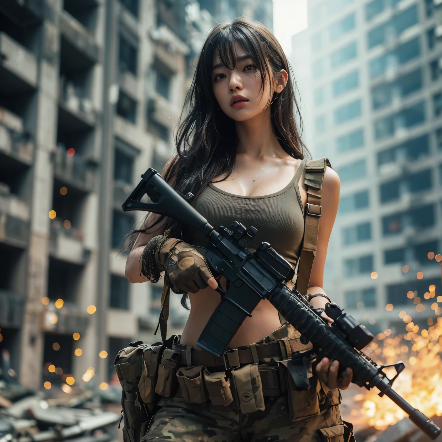 ut dirty face by dust, a beauty japanese girl with long hair wearing khaki tanktop & dessert camouflage motif military pants, with tactical suit & military belt full of weapon accessories & parts, cool intense expression, posing in city ruins warzone, dystopia sparks smoke under siege cinematic background, hyper realistic photo,(((long black hair))), action pose, blue eyes, sweaty moist skin body & face, skin texture pore, bruised battered, ripped clothes, battle hurt, japanese beauty girl, black hair moving by winds, (8K, High resolution,ultra-quality, An ultra-high picture quality, Ultra realistic, Best Quality, master piece:1.2), big breast, nipple see thru clothes, trained properly holding a tactical rifle weapon fully loaded ready to shoot attack, battle mode gesture, eyes visible through hair, Proper eye position, Cinematic Light, Soft light, lower back, detailed color graded background, Convoluted, highly detailed, 8K, Overall silhouette, day dramatic warzone scene, high detailed, wallpaper quality, good anatomy, correct body, hand & fingers anatomy (lora:add_detail:0.8) hyper realistic scenery moment detail sharp, Fujifilm XF 56mm f/1.2 R Lens. HDR10 8K
