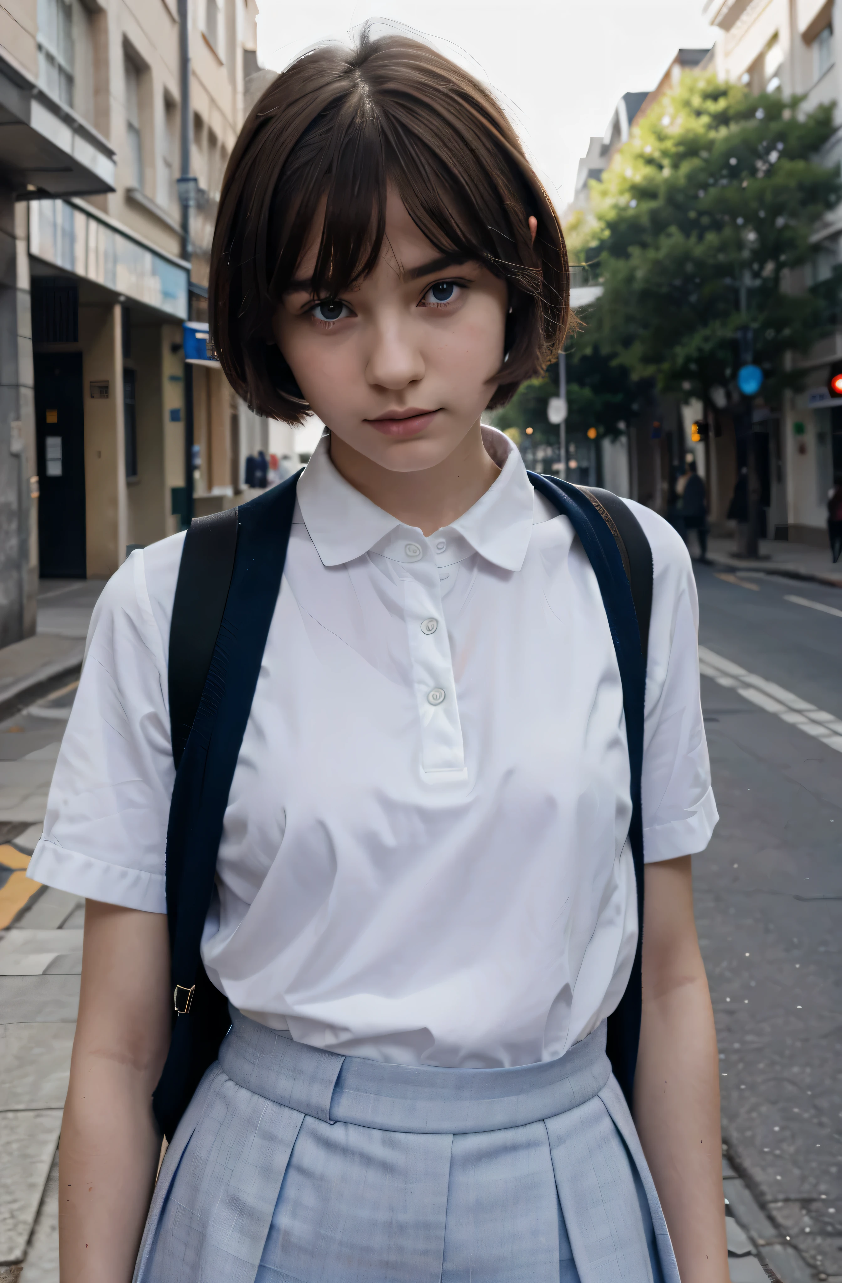 (Mejor calidad,hyper realistic,ultra detallado,8K), adolescente, Fifteen years old, shy, triste, palidez, grandes ojos azules, piel muy blanca, small nose, short medium brown hair with bangs, melancholia, Hermoso uniforme escolar, dia de la calle.