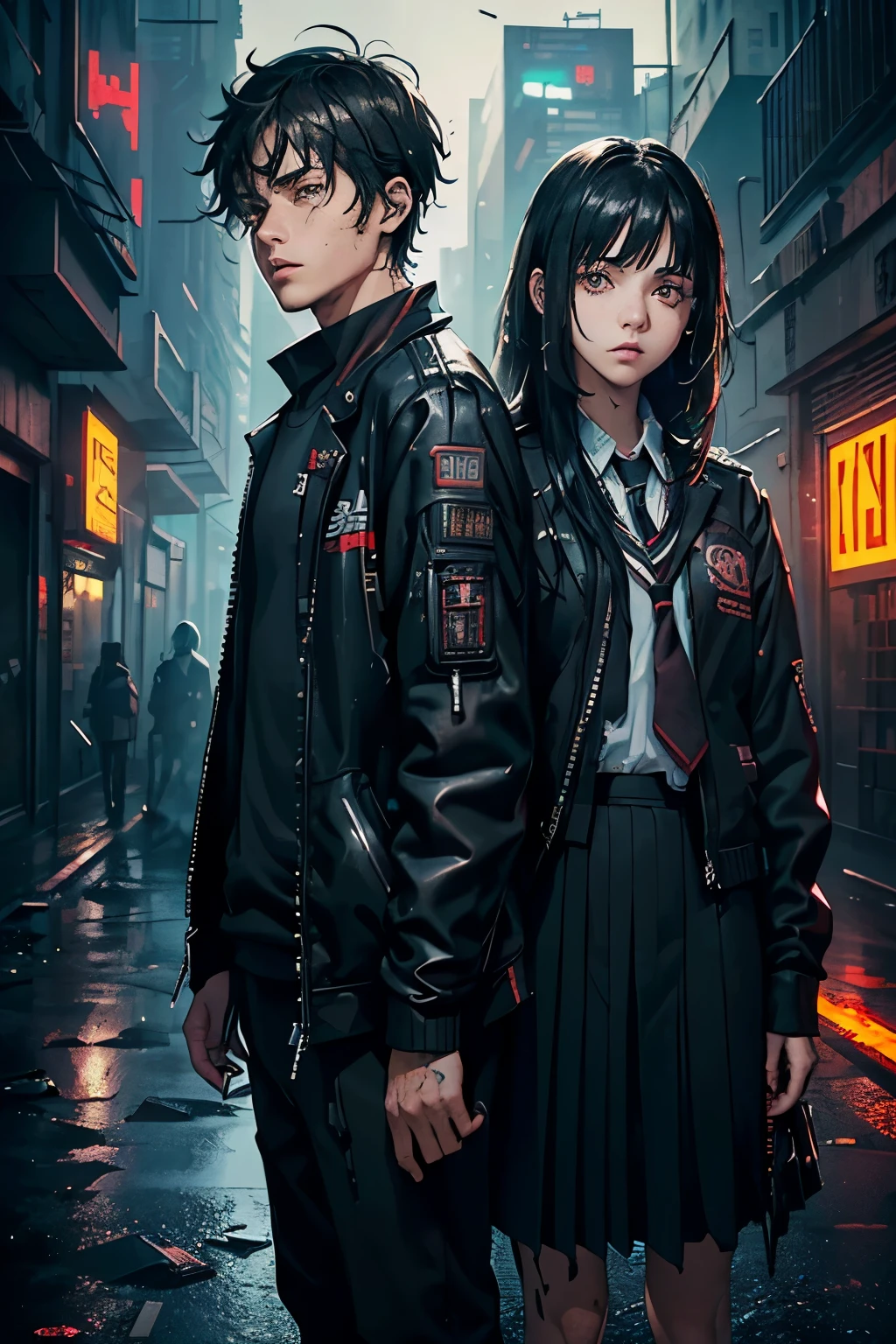 (-yeld boshort black hair, matching dark brown eyes, school uniform, standing with 16-year-o gilong,owing black hair, light brown eyes, school uniform), (digital glitches, broken features, backdrop of fallen cityscape, crumbling, ruined world), (high resolution, vivid colors, 1.5), (hyper-realistic, intriguing: 1.3), (grungy texture, cyberpunk: 1.2), (broken reality, surreal: 1.4), (matured expression, melancholy: 1.2), (school uniform details, crisp and clean