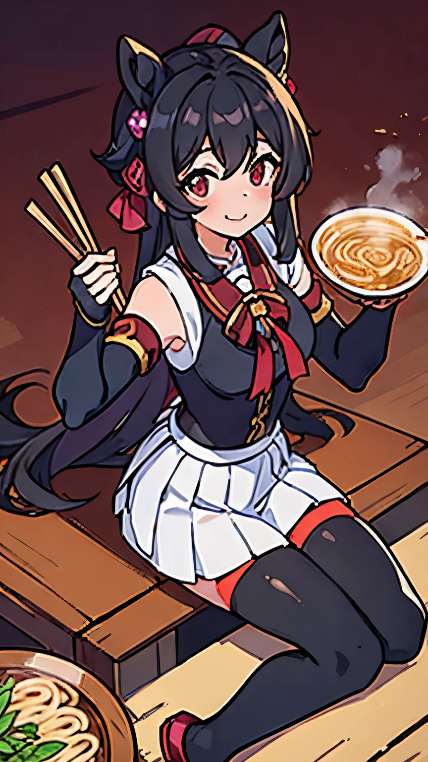 masterpiece, top quality, bewitching pose, full body wide angle, smile, beautiful, sexy, (sitting:1.1) ,ichiraku ramen, (eating ramen noodles:1.0), holding chopsticks and ramen bowl, slurp one's noodles,, silence suzuka (umamusume), black gloves, white skirt, pleated skirt, black pantyhose, layered sleeves, puffy short sleeves, short over long sleeves, black bow, festival,