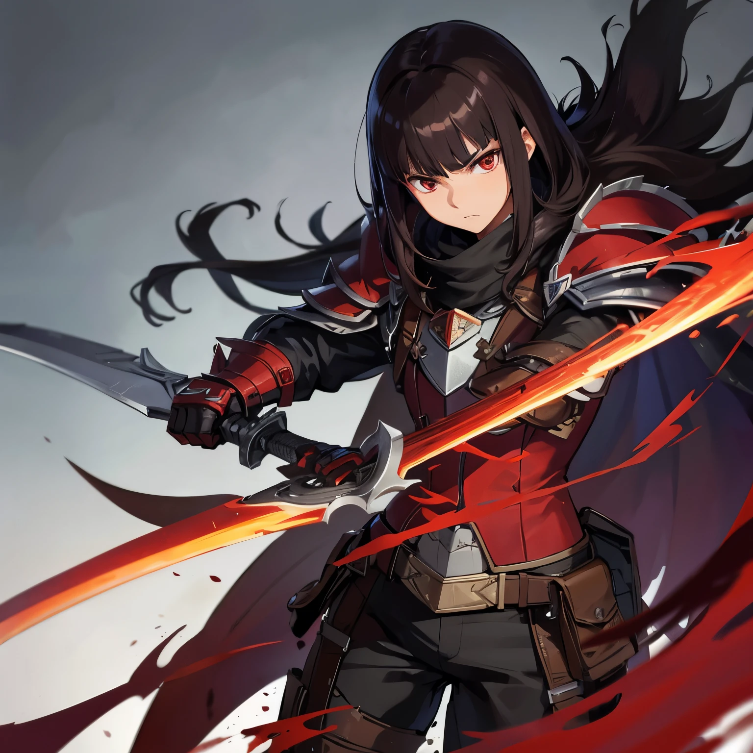 brunette hair, male, red eyes, serious expression, Monster Hunter Style, hand held sword, villain, advanced details