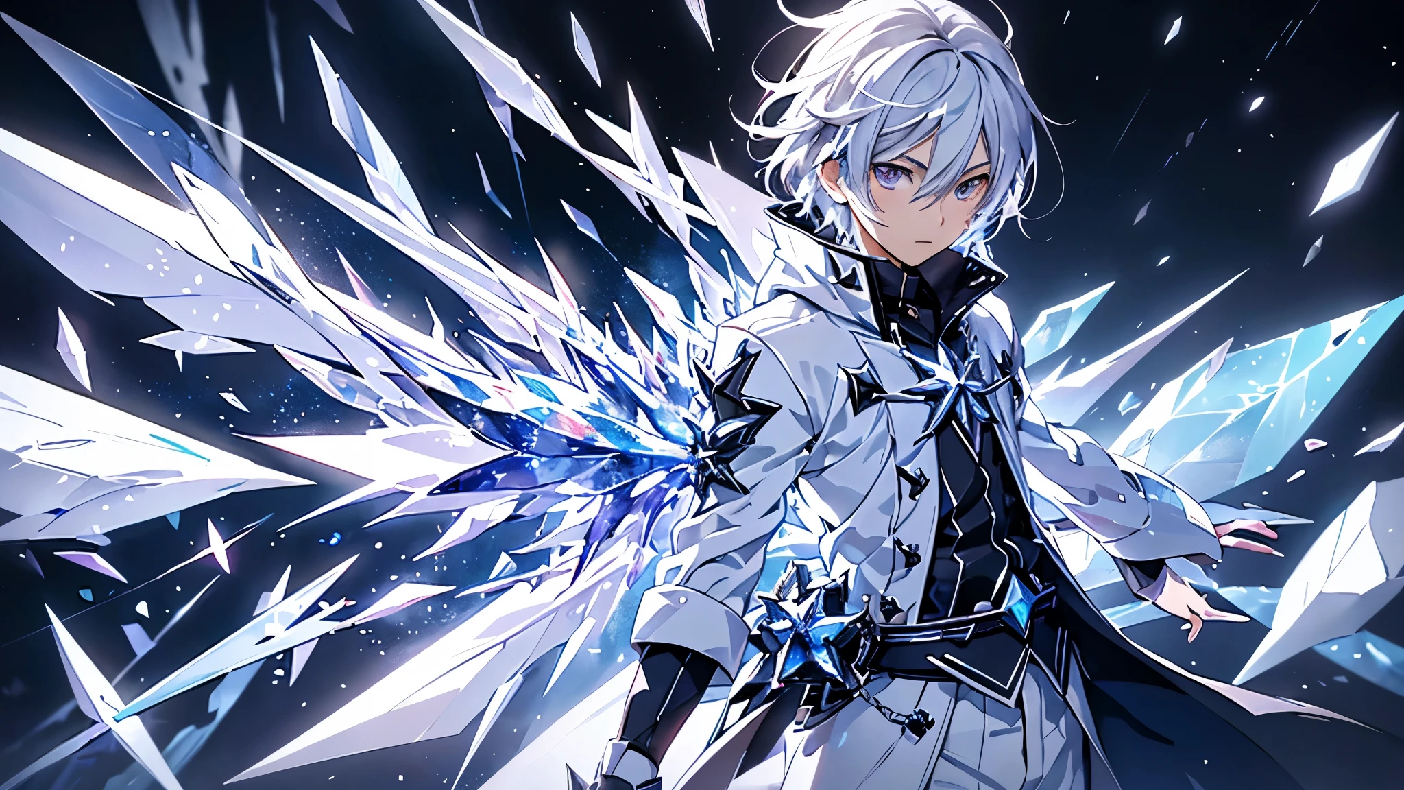 Japanese anime, boy, alone, silver white hair, white glass shards, crystallization, night sky, winter night, starry sky, shooting star crossing, solo, silence, rendering, best quality, masterpiece, full body, particle light effects, rendering