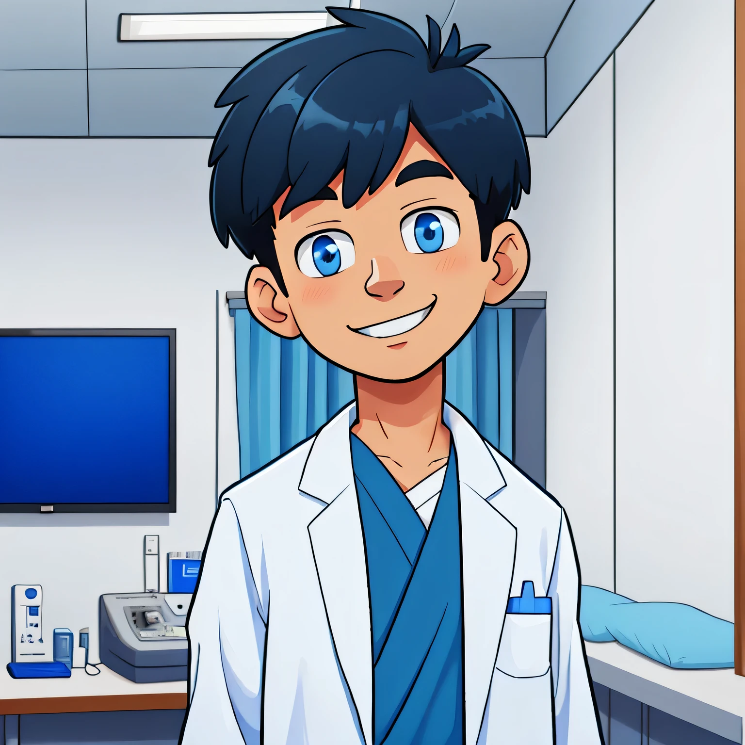 potrait photo of a man with very short hair smiling wearing blue shirts white doctor robe in the corner room in hospital, upperbody