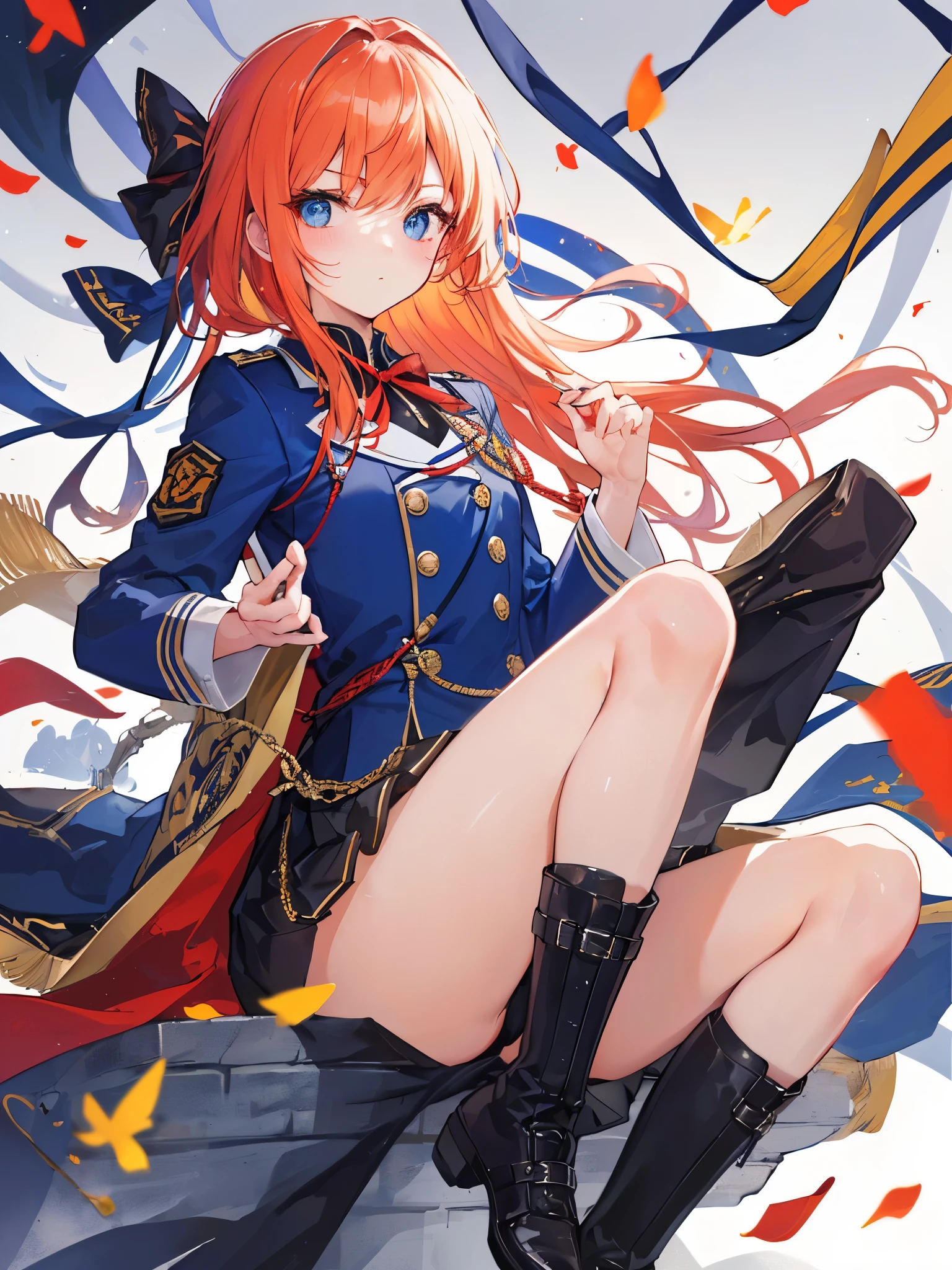 ((a boy)), orange hair, darkblue eyes, ((military uniform)), long boots, ((单人)), ((军服外套)), ((棉衣)), ((holding weapon)) 