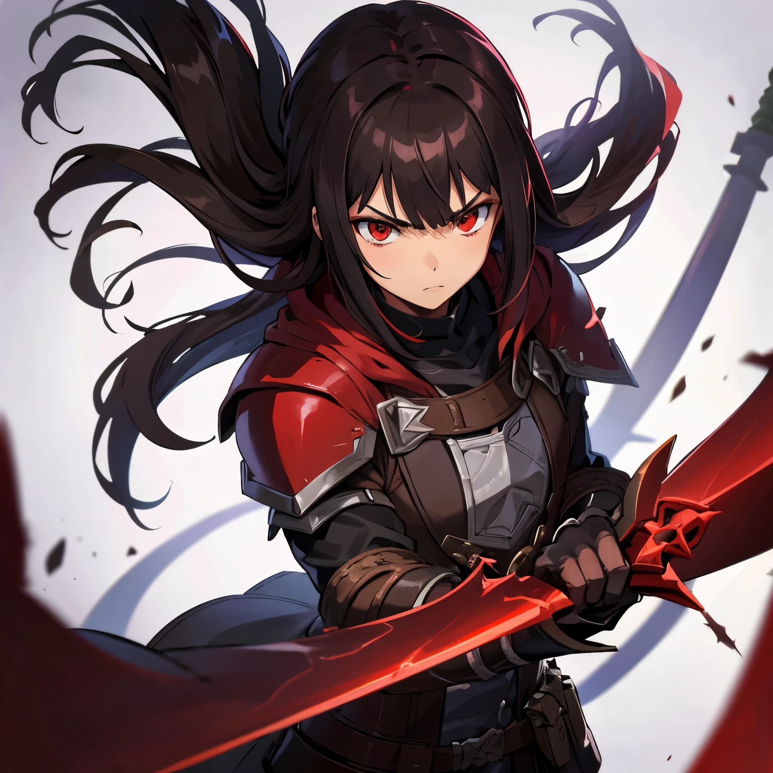 brunette hair, male, red eyes, serious expression, Monster Hunter Style, hand held sword, villain, advanced details